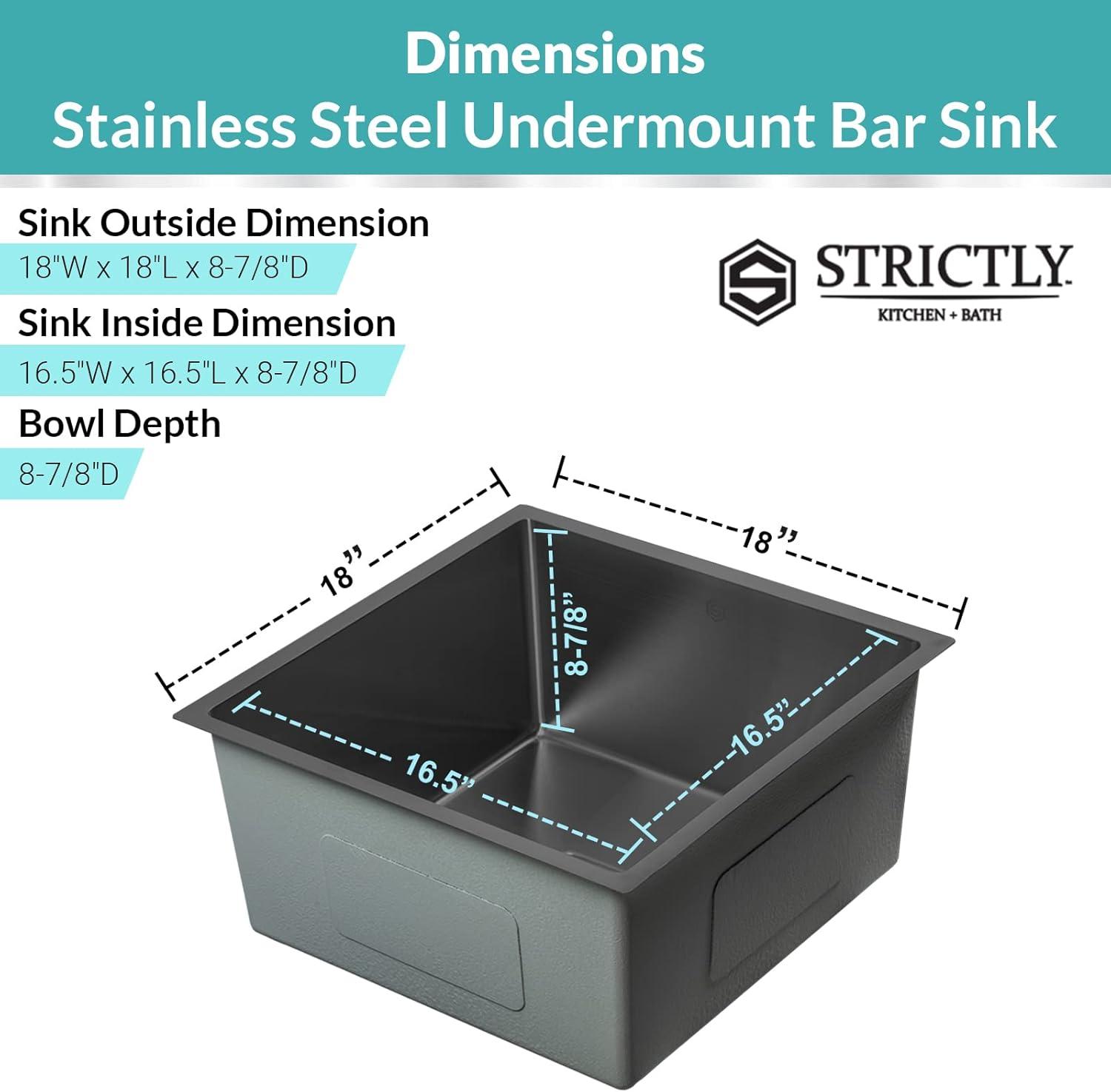 Strictly Sinks Undermount Copper Kitchen Sink – 18 Inch Single Bowl Bar Prep Sink 16 Gauge Stainless Steel