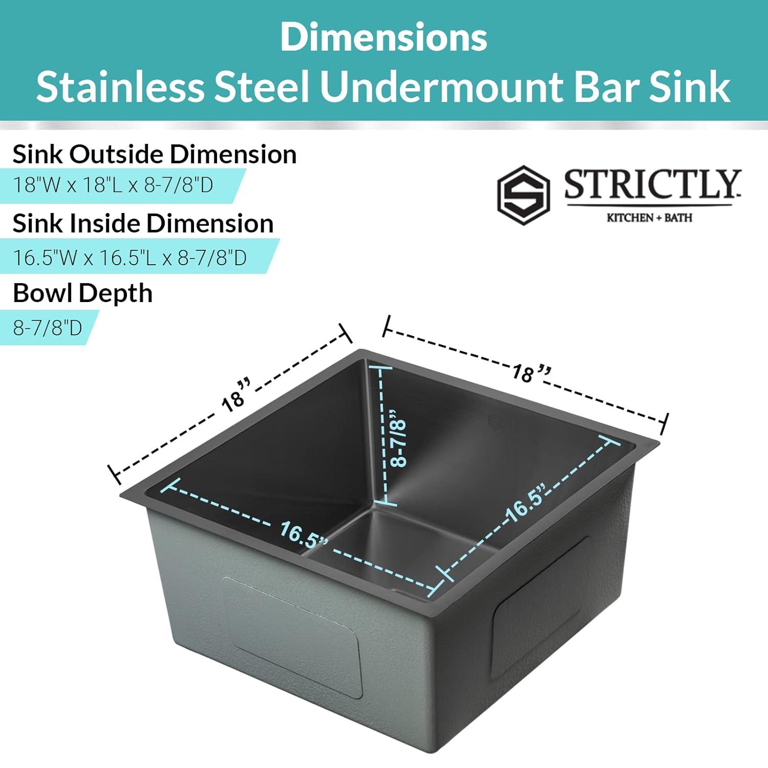 Strictly Sinks Undermount Copper Kitchen Sink – 18 Inch Single Bowl Bar Prep Sink 16 Gauge Stainless Steel