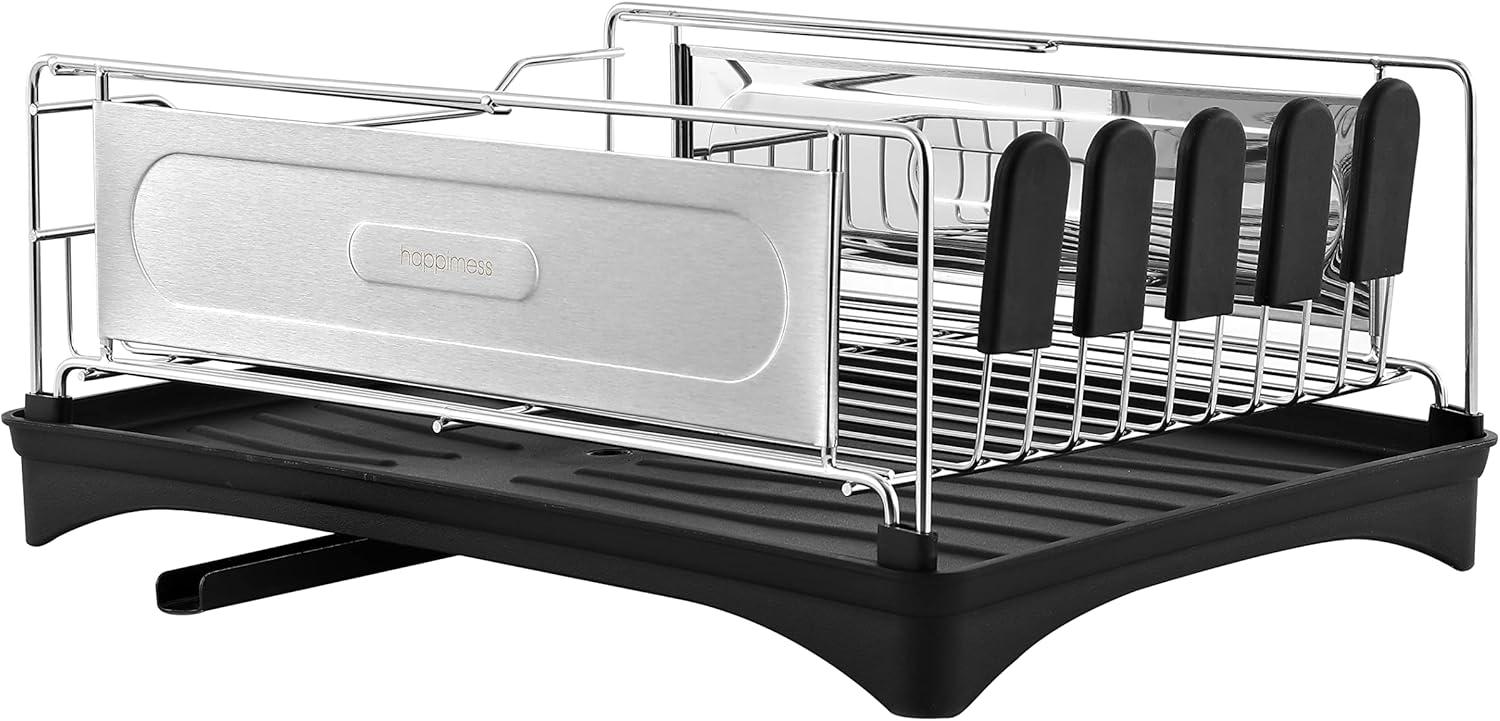 happimess Compact 18.25" 2-Tier Fingerprint-Proof Stainless Steel Dish Drying Rack with Swivel Spout Tray, Stainless Steel/Black