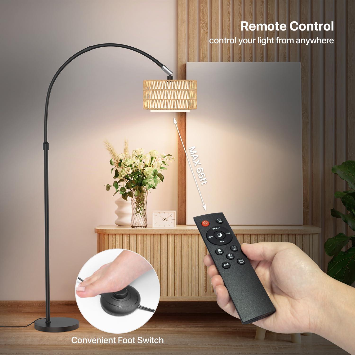 ROTTOGOON Boho Floor Lamp with Dimmable Bulb, Rattan &Linen Double Shades, Boho Standing Tall Lamps with Foot Switch, Bohemian Floor Lamps for Living Room, Bedroom, Office