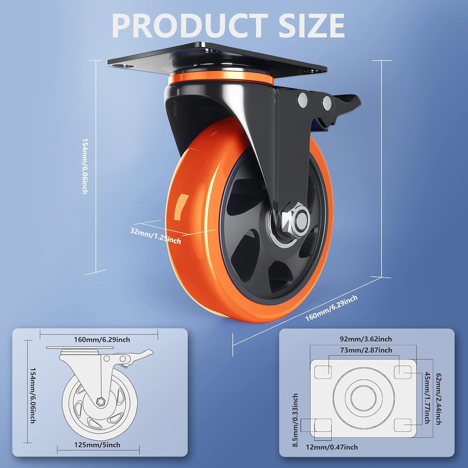 Heavy-Duty 5" Black and Orange Swivel Caster Wheels with Locking Brake