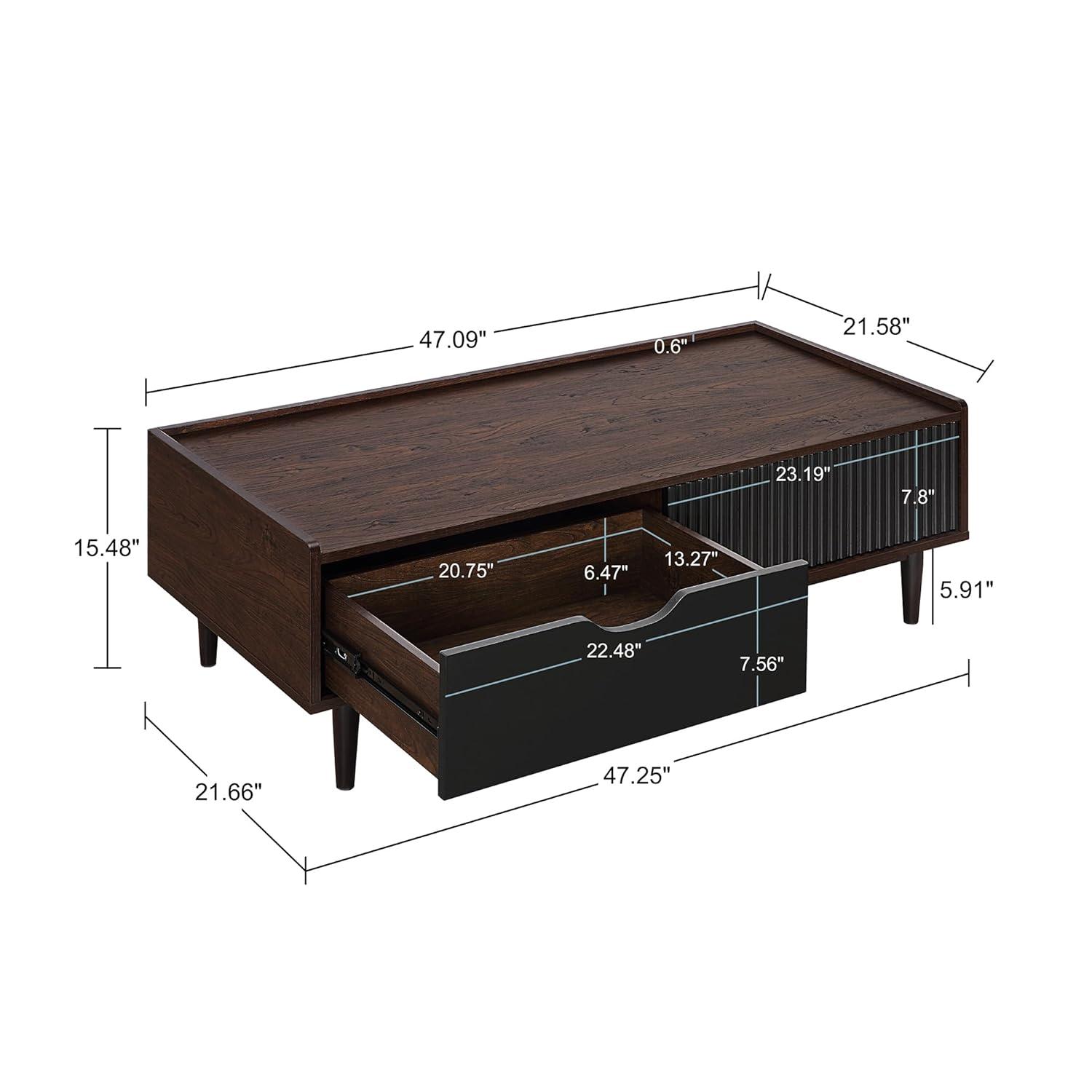 Manhattan Comfort Duane Ribbed Coffee Table with Drawer and Shelf Dark Brown/Black: Rectangular, MDF, Living Room Furniture