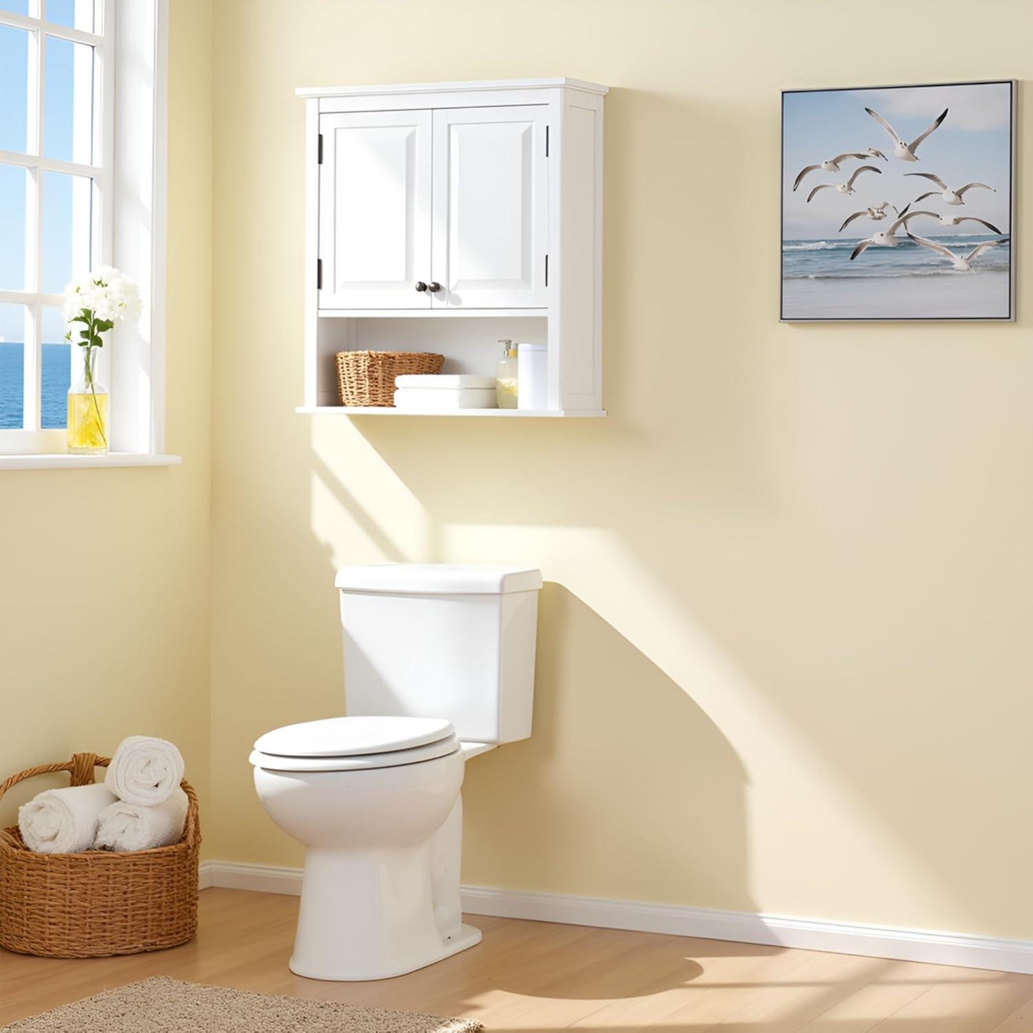 Dorset Wall Mounted Bath Storage Cabinet with Two Doors and Open Shelf White - Alaterre Furniture: Hardwood Medicine Cabinet, Adjustable Shelf