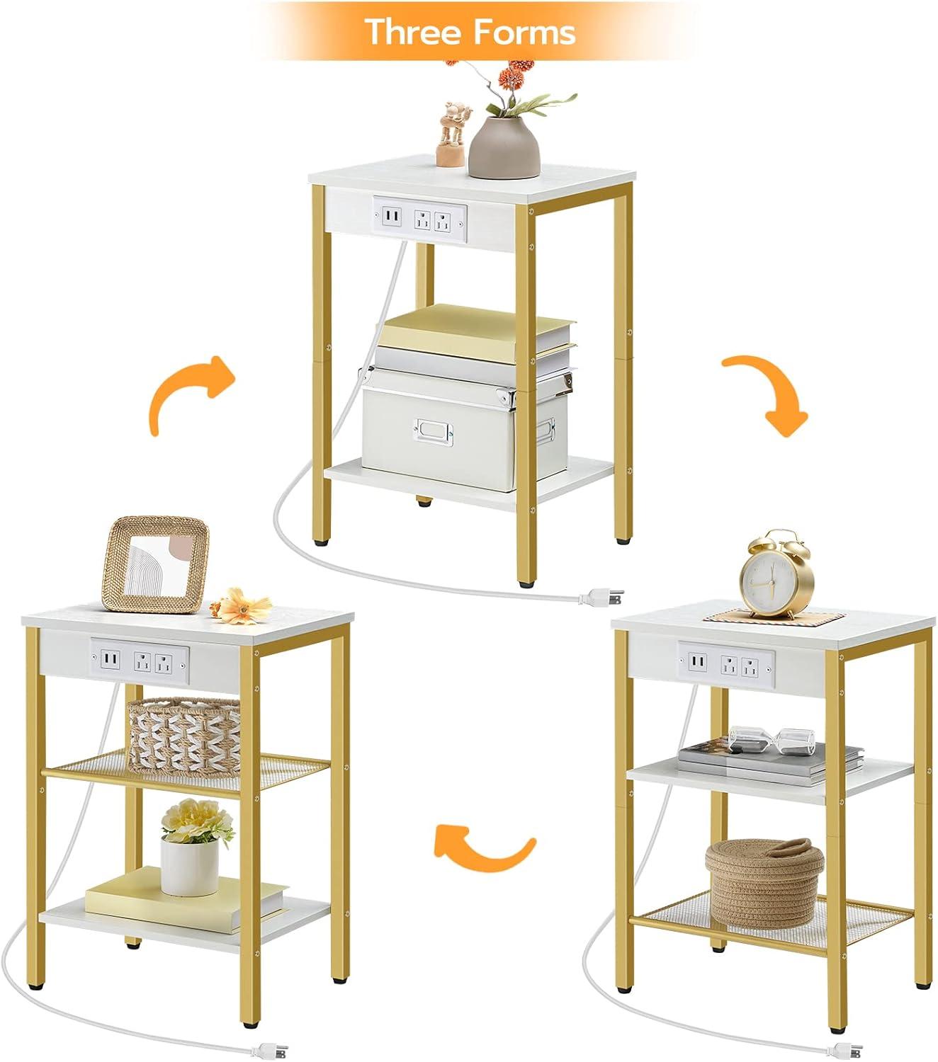 End Tables Set of 2 with Charging Station and USB Ports, 3-Tier Nightstands with Adjustable Shelves, Small Side Tables for Small Space in Living Room, Bedroom, White and Gold DW112BZP201G1