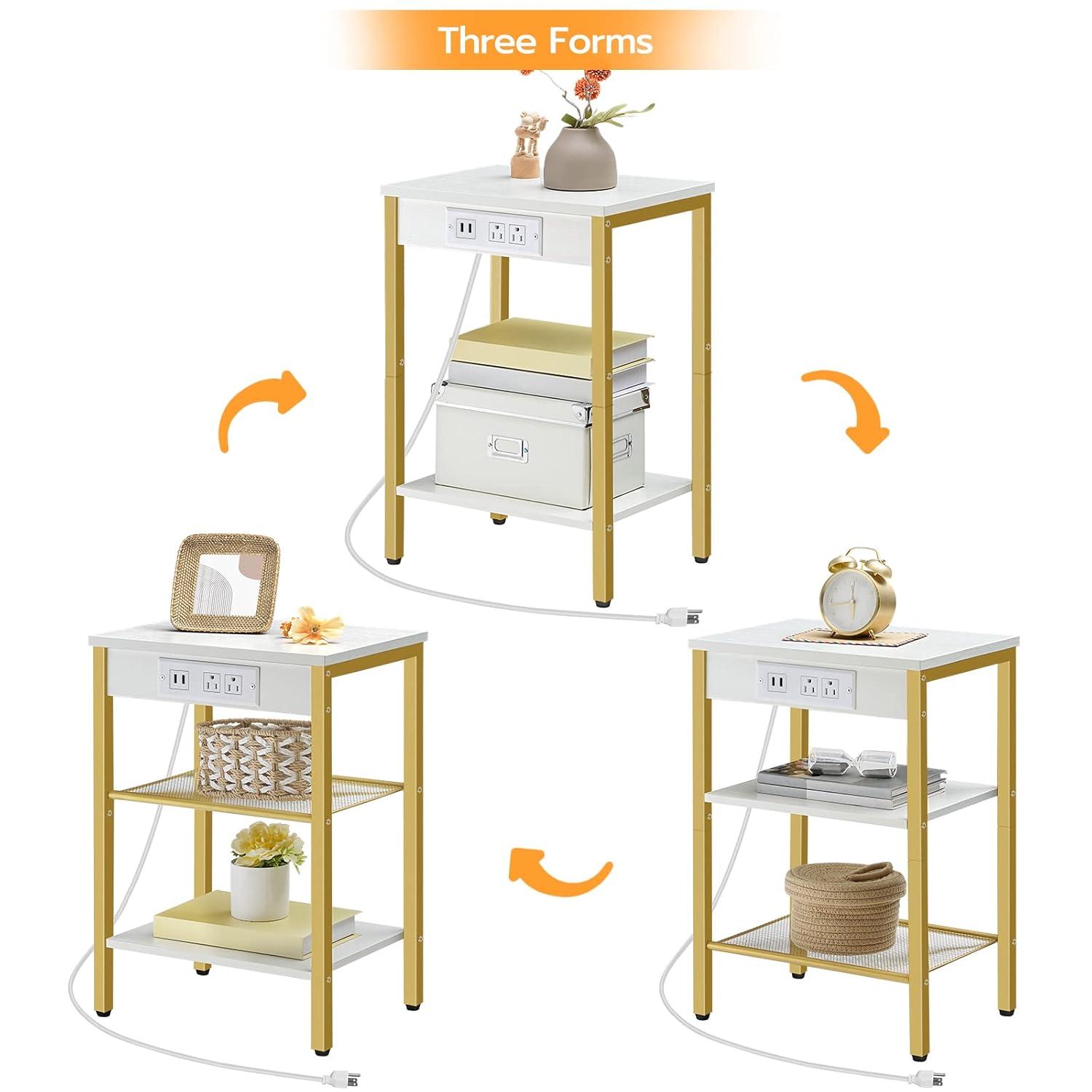 End Tables Set of 2 with Charging Station and USB Ports, 3-Tier Nightstands with Adjustable Shelves, Small Side Tables for Small Space in Living Room, Bedroom, White and Gold DW112BZP201G1