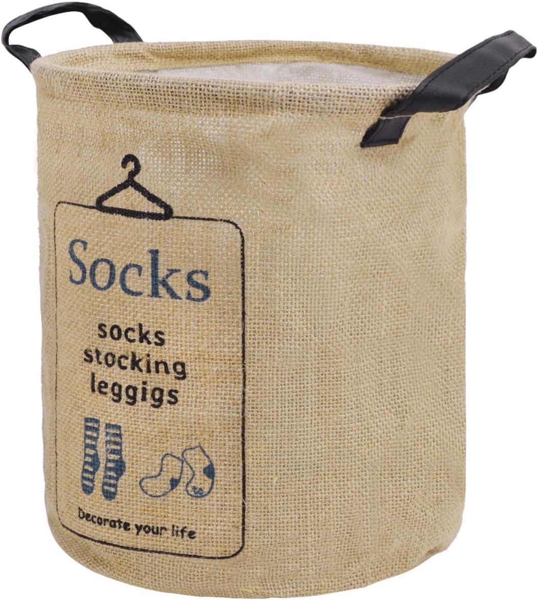 Pop-up Laundry Hampers Waterproof Cotton Linen Foldable Round Storage Bucket Organizer Dirty Clothes Shoes Basket Holder Baby's Toys Collection Box Closet Bin+3 Handles "SOCKS" Print