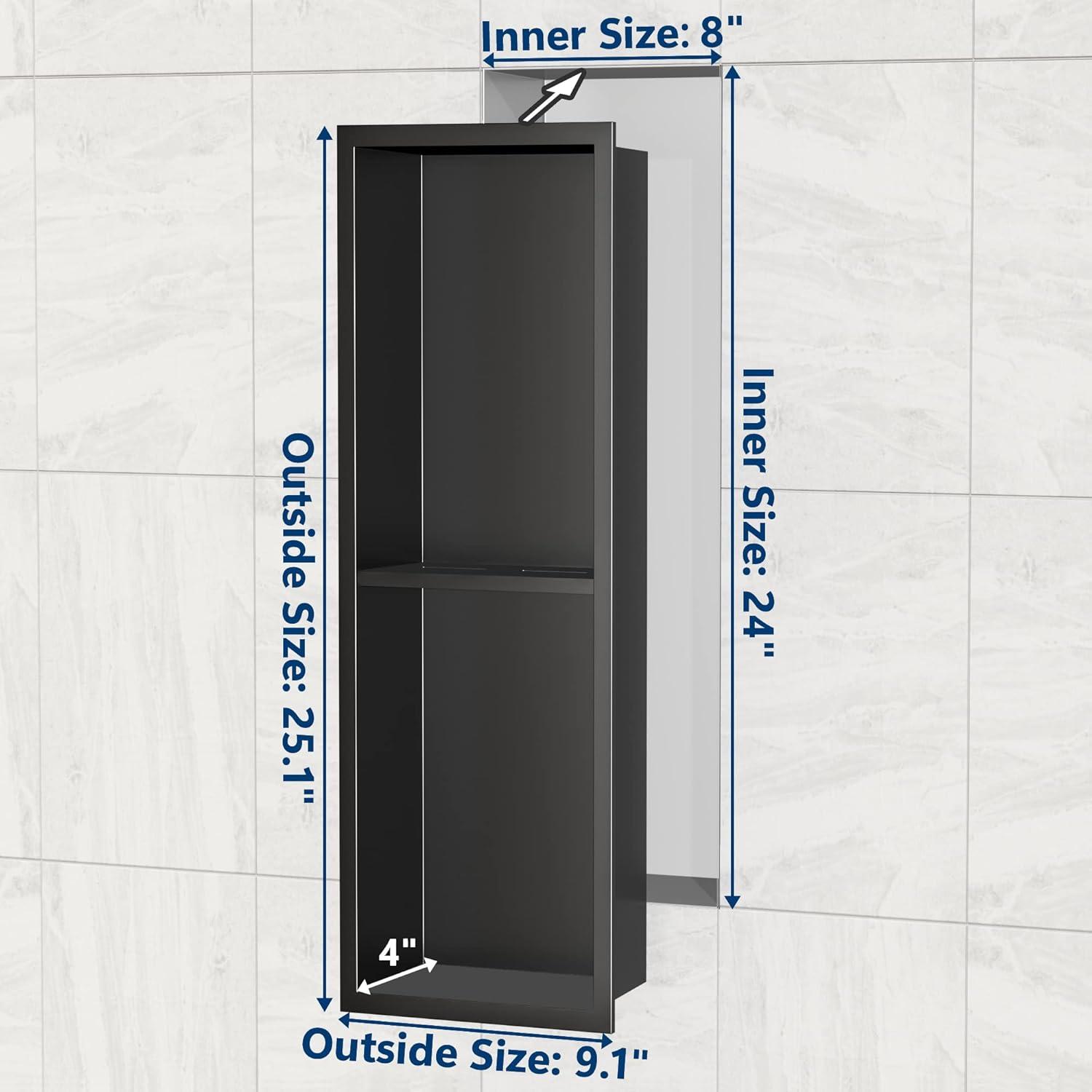 Stainless Steel Shower Niche 24" X 8", No Tile Needed Wall Niche Double Shelves, Recessed Niche Shower for Bathroom Storage, Matte Black