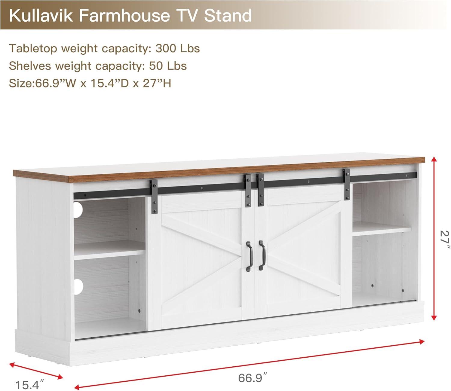Kullavik Farmhouse TV Stand for Televisions up to 75 Inchs,Entertainment Center with Sliding Barn Doors and Storage Cabinets,Modern Media TV Console Table for Living Room,Bright White