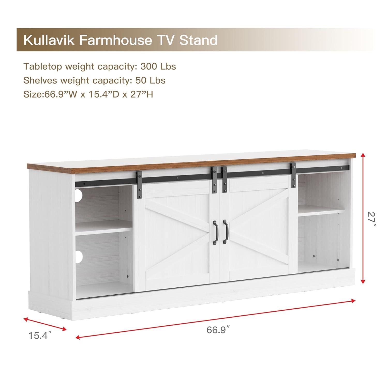 Kullavik Farmhouse TV Stand for Televisions up to 75 Inchs,Entertainment Center with Sliding Barn Doors and Storage Cabinets,Modern Media TV Console Table for Living Room,Bright White