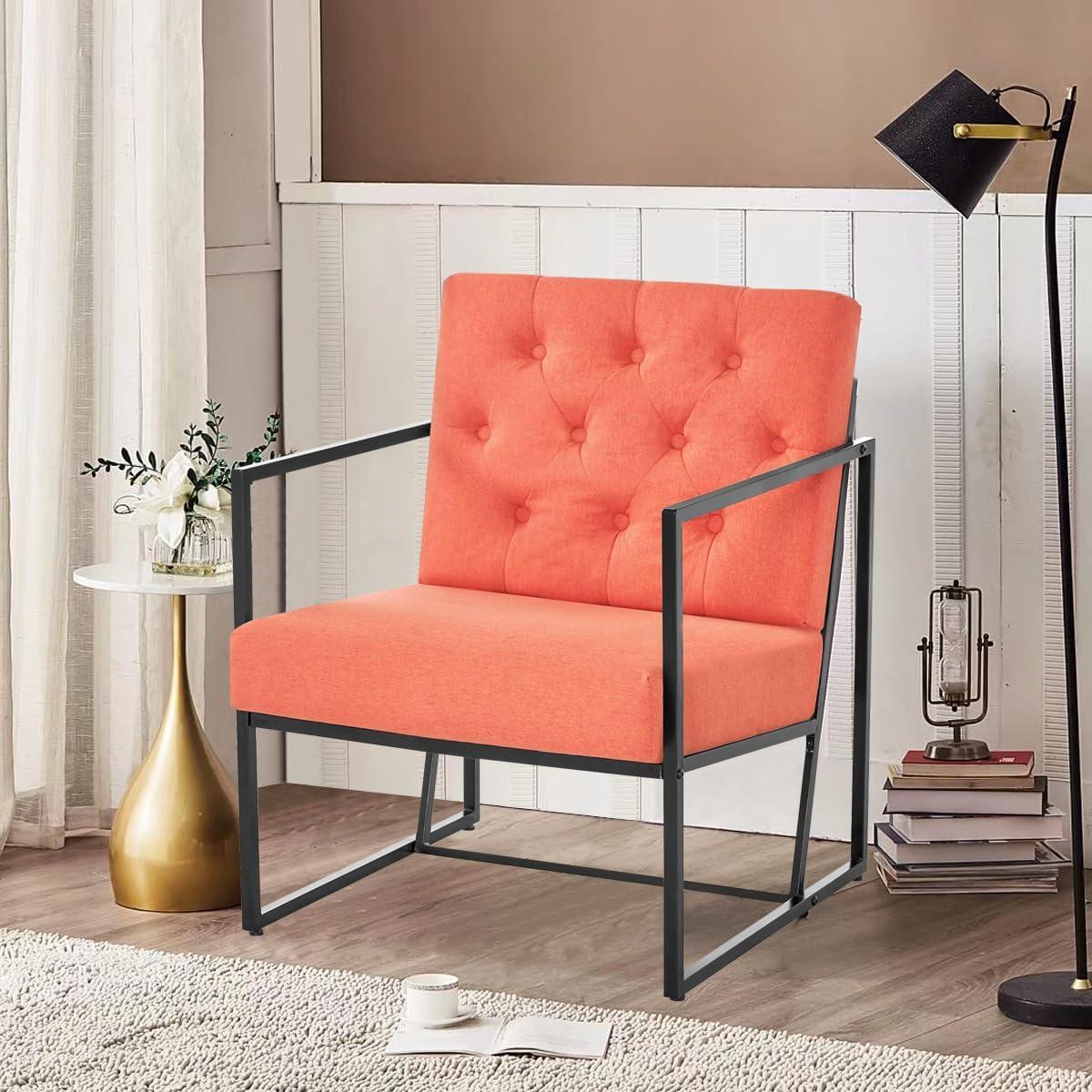 Living Room Chairs - Accent Chair with Upholstered Soft Comfortable Oversized Armchair Featuring Classic Metal Frame for Bedroom, Reading Room, Office Relaxation (Mid-Century Modern, Orange)