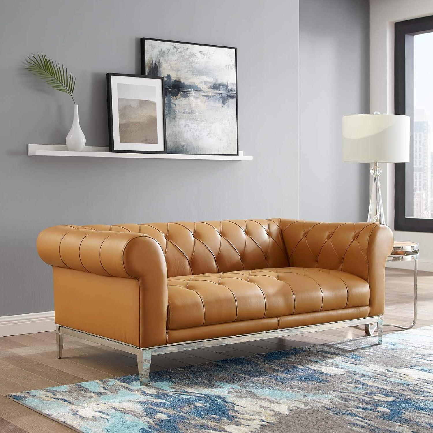 Modway Idyll Tufted Button Upholstered Leather Chesterfield Loveseat in Tan