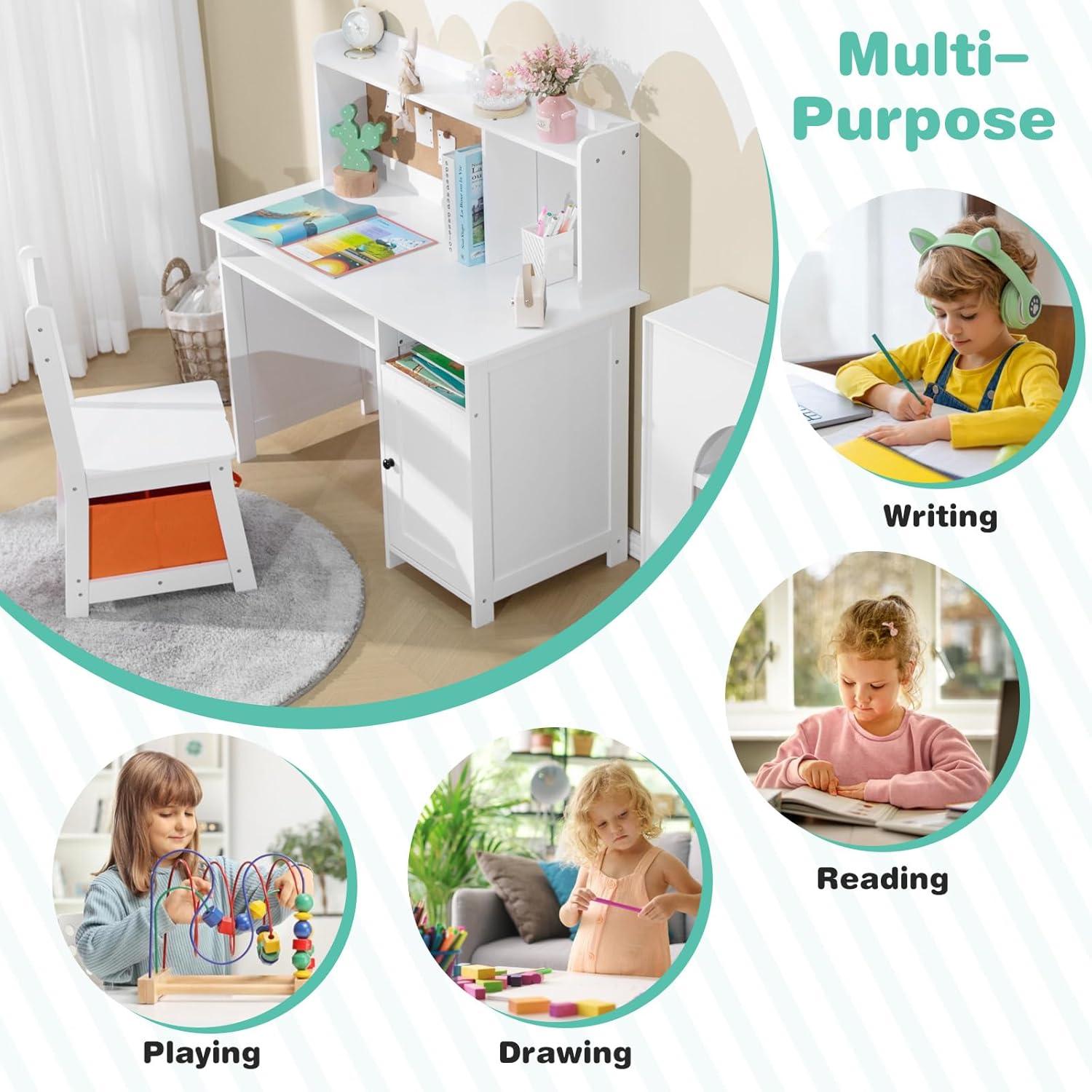 Soonbuy Kids Desk, Wooden Study Desk and Chair Set for Children, Writing Desk with Storage for 3-8 Yrs Boys Girls,White