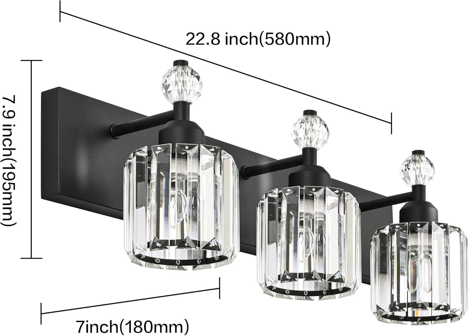 PRESDE Black Crystal Bathroom Lights Fixtures Over Mirror Modern 3 Light Vanity Lighting Bathroom Wall Light Fixtures(Exclude Bulb)