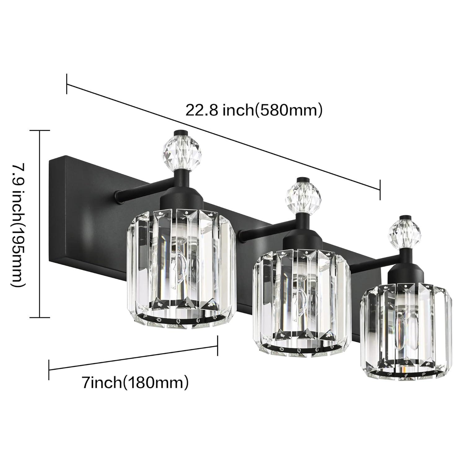 PRESDE Black Crystal Bathroom Lights Fixtures Over Mirror Modern 3 Light Vanity Lighting Bathroom Wall Light Fixtures(Exclude Bulb)
