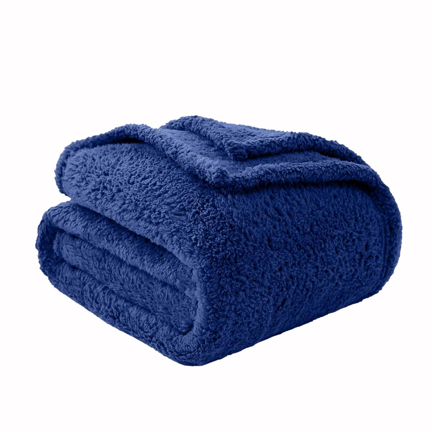 My World Cloud Faux Shearling Throw Blanket Navy: Sensory Friendly, Knitted Polyester, Machine Washable