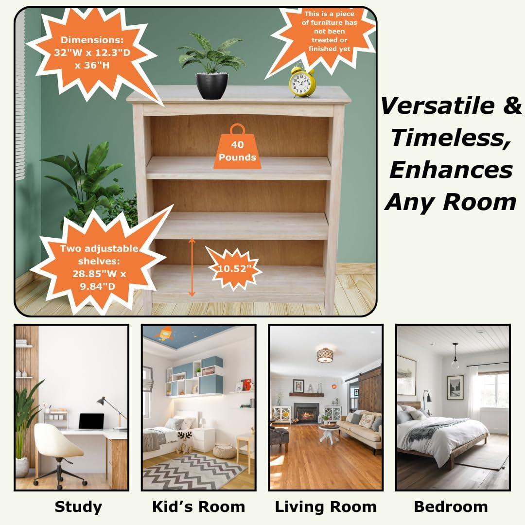 International Concepts 36" Shaker Bookshelf Unfinished: Mid-Century Modern Style, 3-Tier Storage, Hardwood Construction