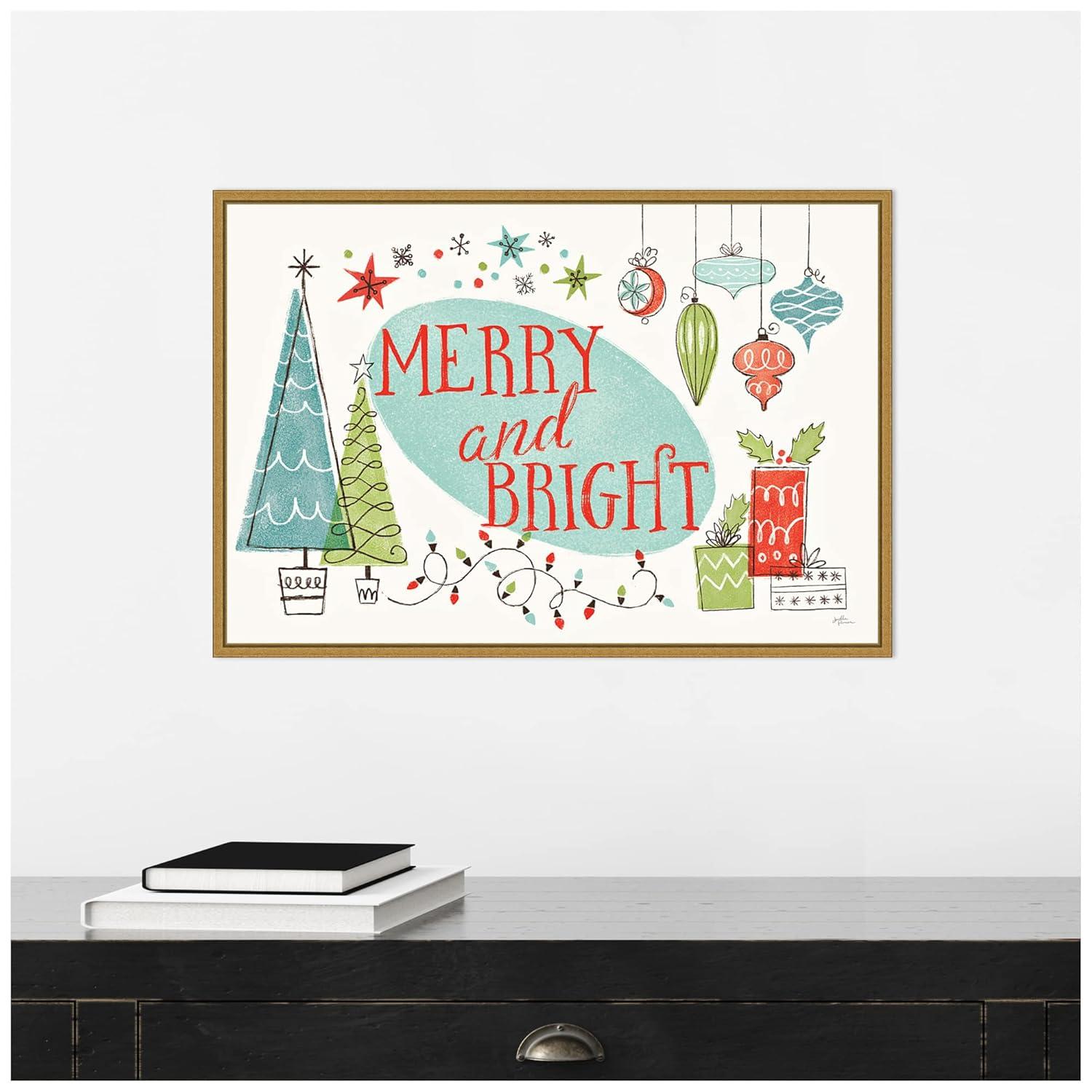 23" x 16" Merry and Bright Christmas Tree by Janelle Penner Framed Canvas Wall Art - Amanti Art: Mid-Century Modern Holiday Decor