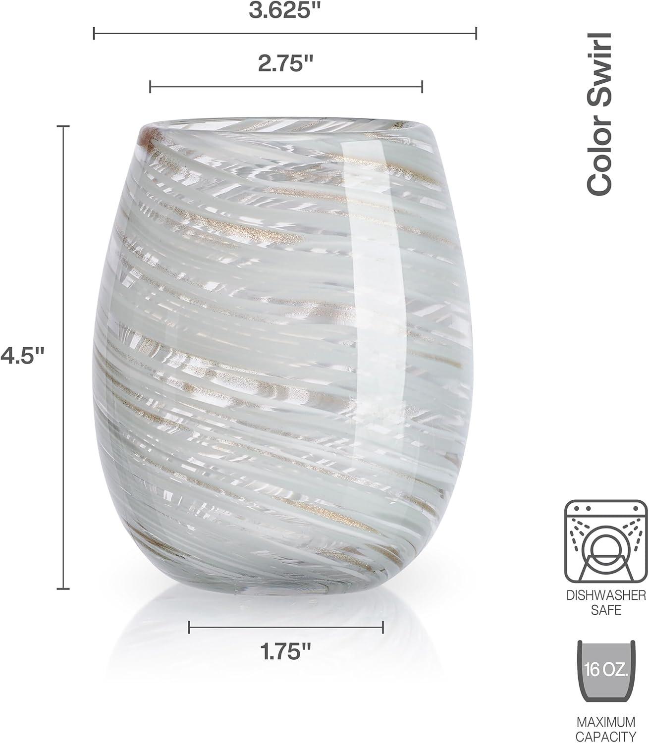 Clear and White Swirl 16oz Stemless Wine Glass Set