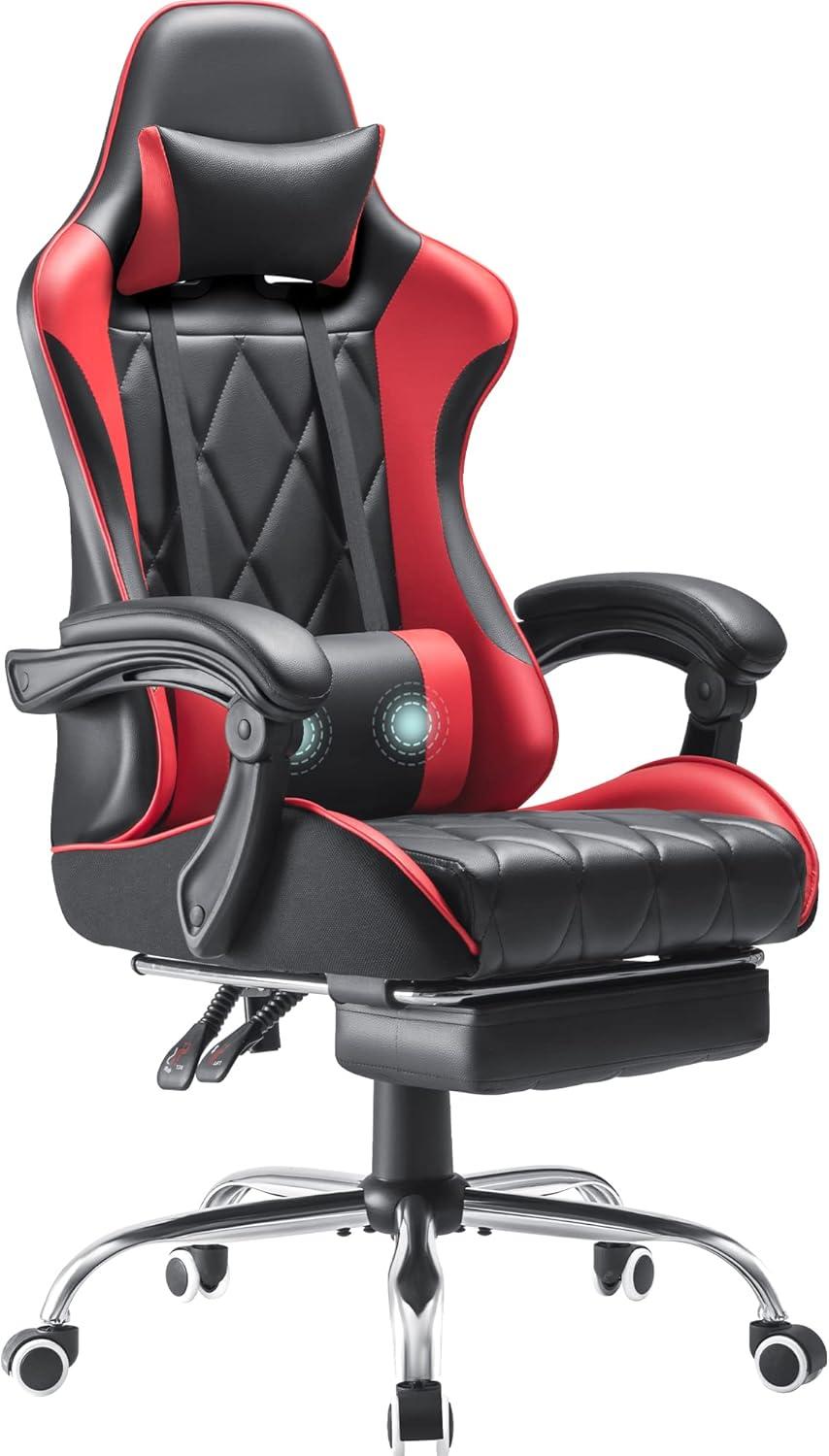 Shahoo Gaming Chair with Footrest and Massage Lumbar Support, Computer Game Chairs Ergonomic Office Seat Height Adjustable with Headrest, Red
