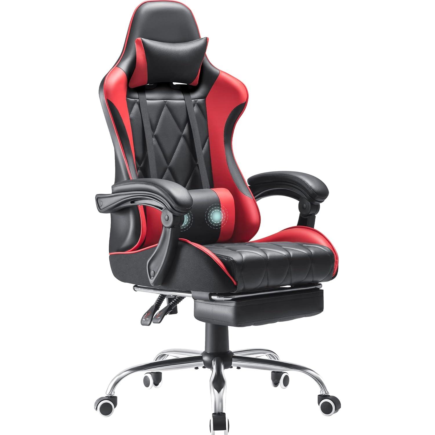 Shahoo Gaming Chair with Footrest and Massage Lumbar Support, Computer Game Chairs Ergonomic Office Seat Height Adjustable with Headrest, Red
