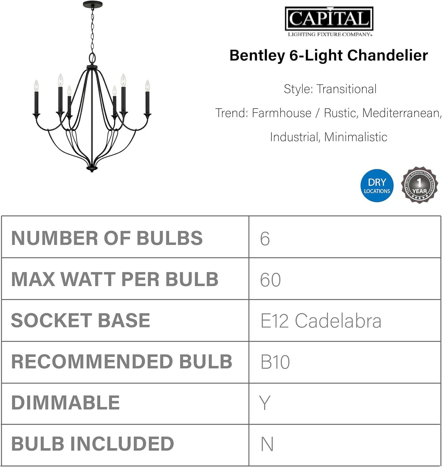 Bentley Airy Design Black Iron 6-Light Traditional Chandelier