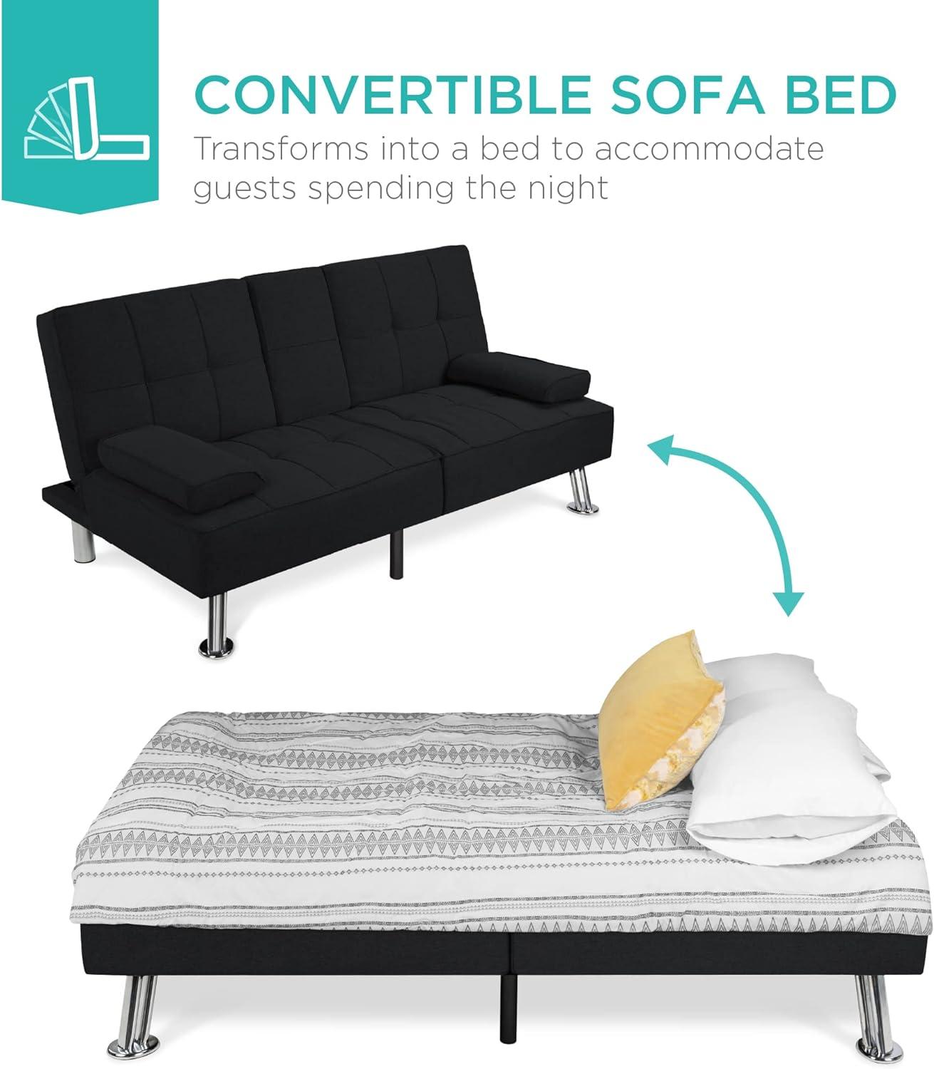 Best Choice Products Modern Linen Convertible Futon Sofa Bed w/ Removable Armrests, Metal Legs, Cupholders - Black