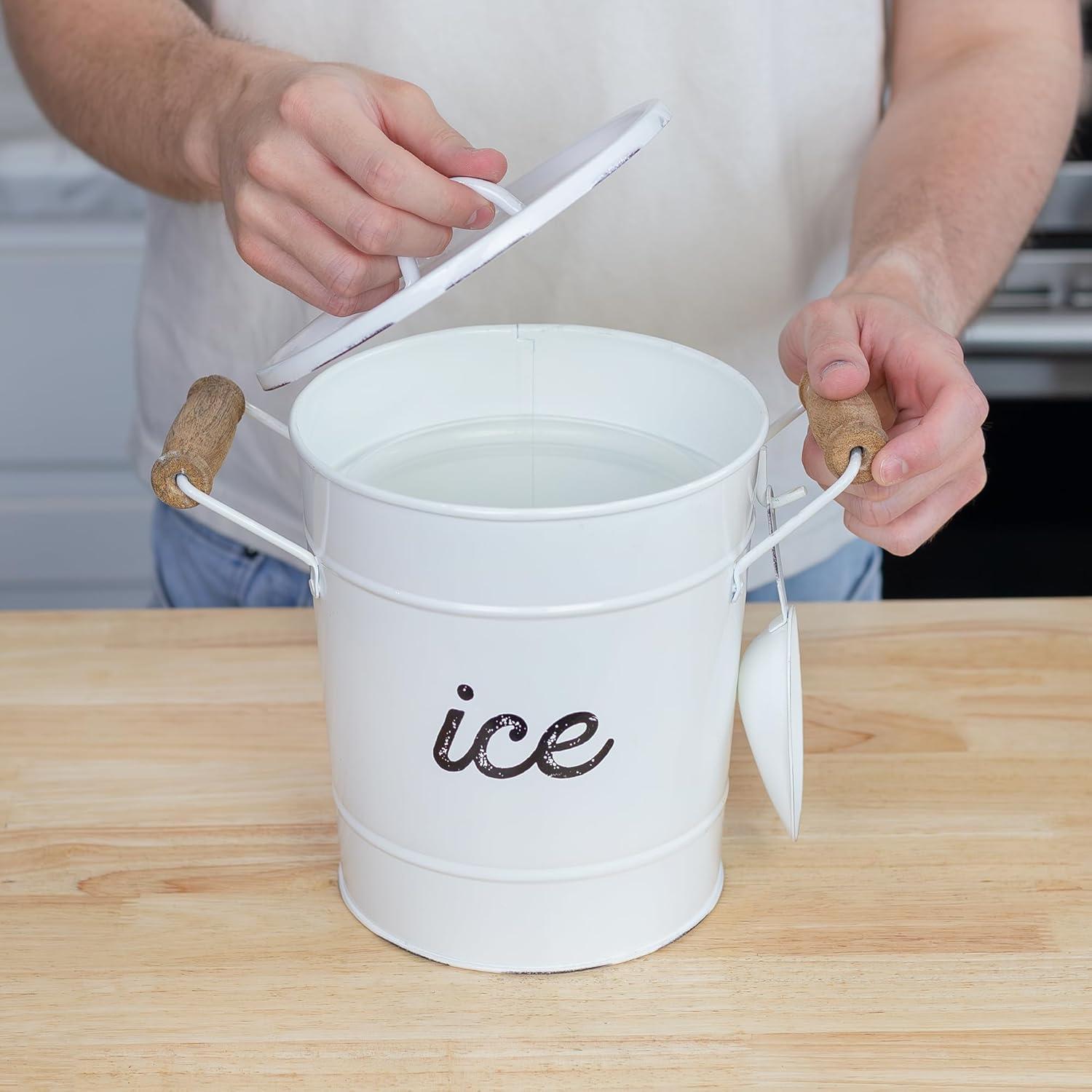 AuldHome Design White Farmhouse Enamelware Ice Bucket; Rustic Style Insulated Ice Server