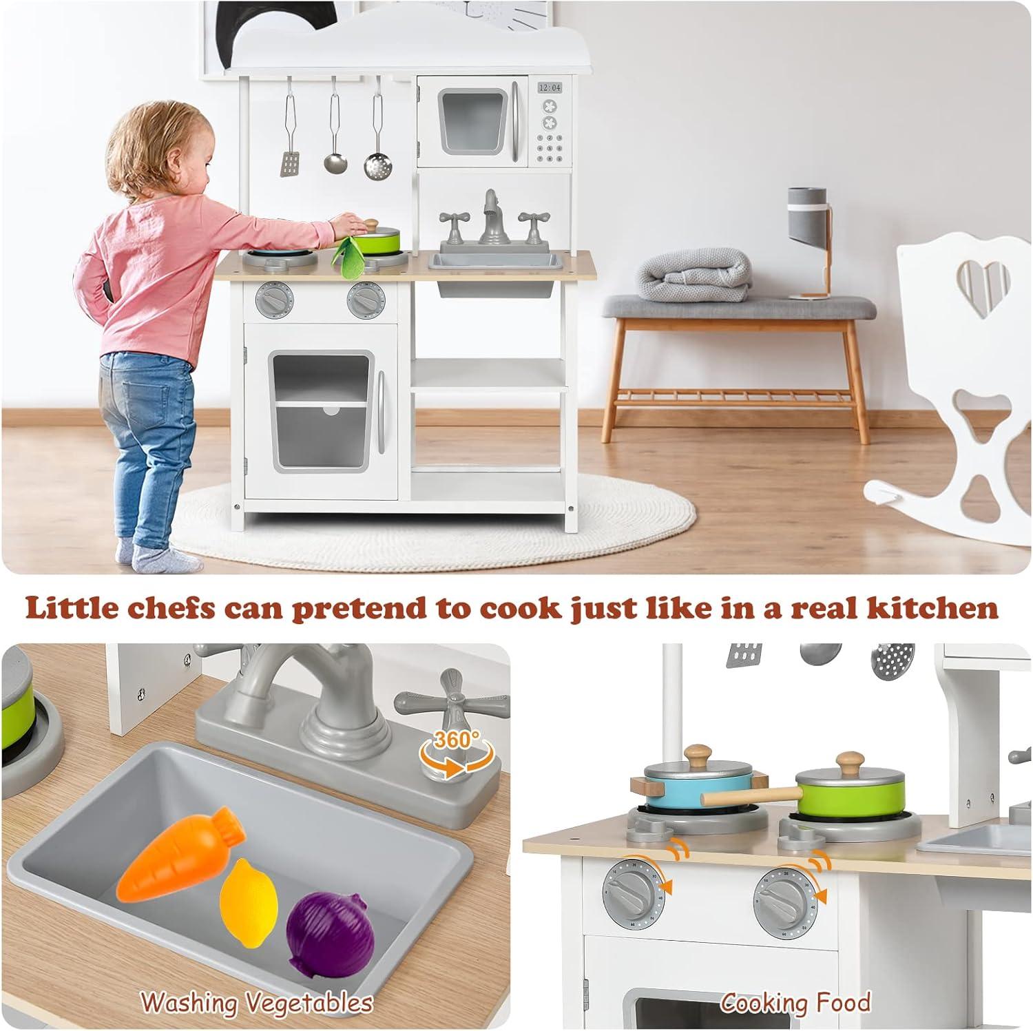 Resenkos Wooden Pretend Play Kitchen Set for Kids with Accessories and Sink, Kids Play Kitchen for Kids Ages 3-8, Gourmet Kitchen Kid's Wooden Play Kitchen