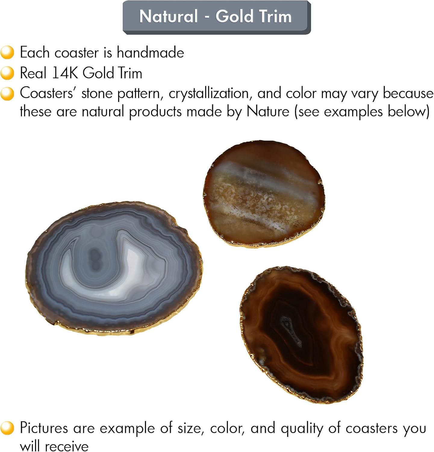 Gold Trim Natural Agate Stone Round Coasters Set of 4