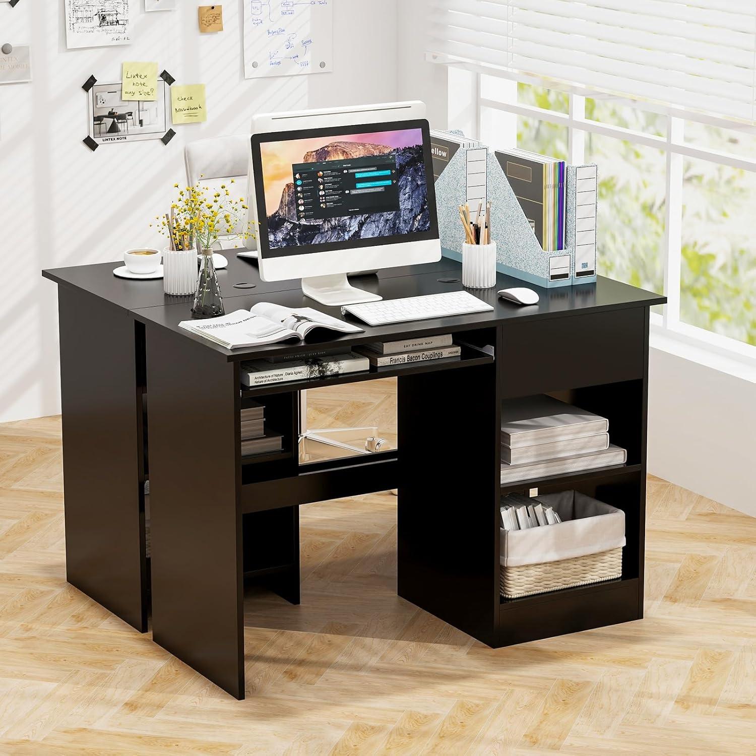 Tangkula Computer Desk w/ Keyboard Tray Large Drawer Home Office Desk w/ Adjustable Shelf & Cable Hole Study Desk
