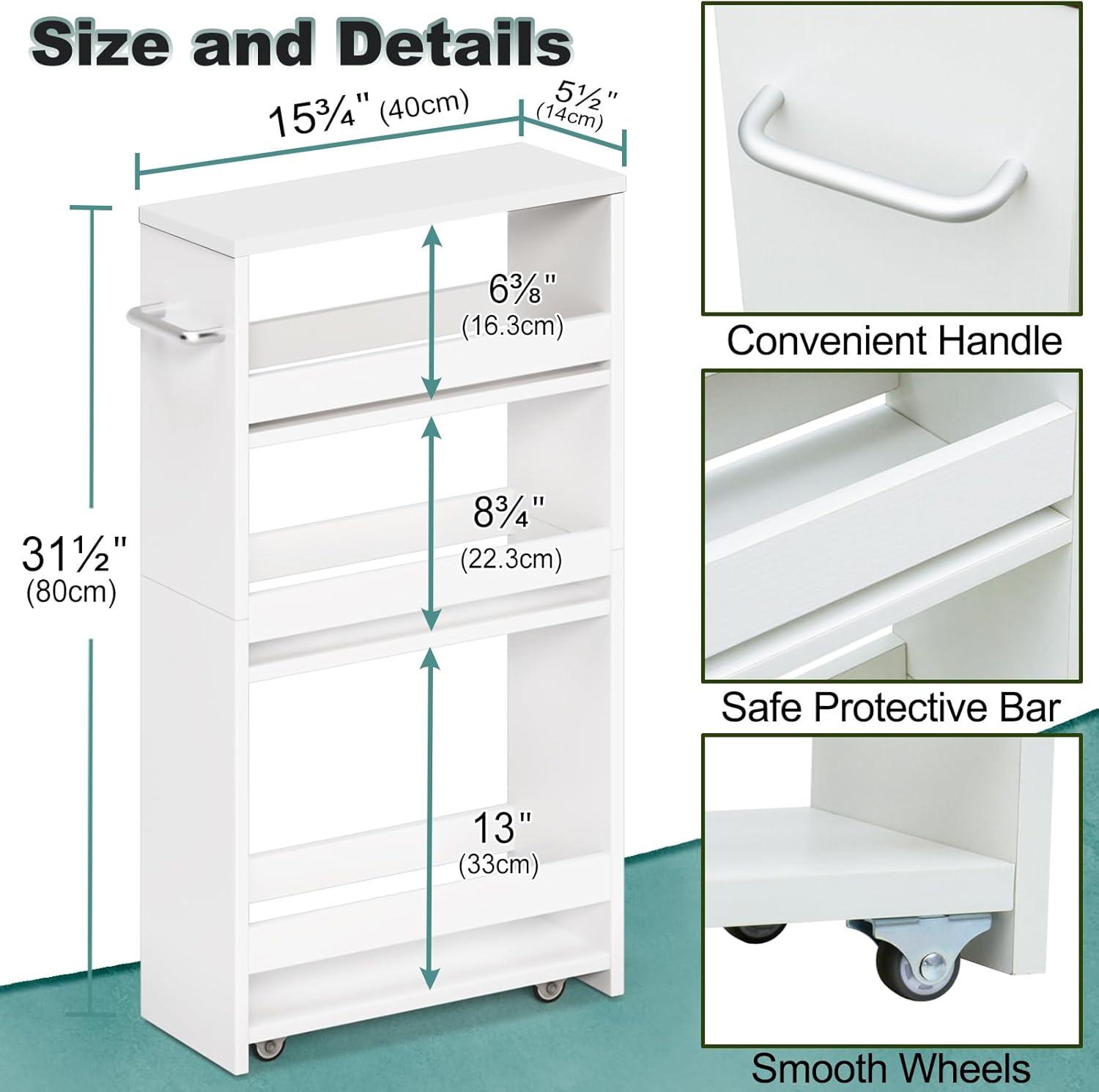 4 Tier White Slim Storage Cart with Handle, 7.9''W Slide Out Storage Rolling Utility Cart Mobile Shelving Unit Organizer Trolley for Small Spaces Kitchen Laundry Narrow Places