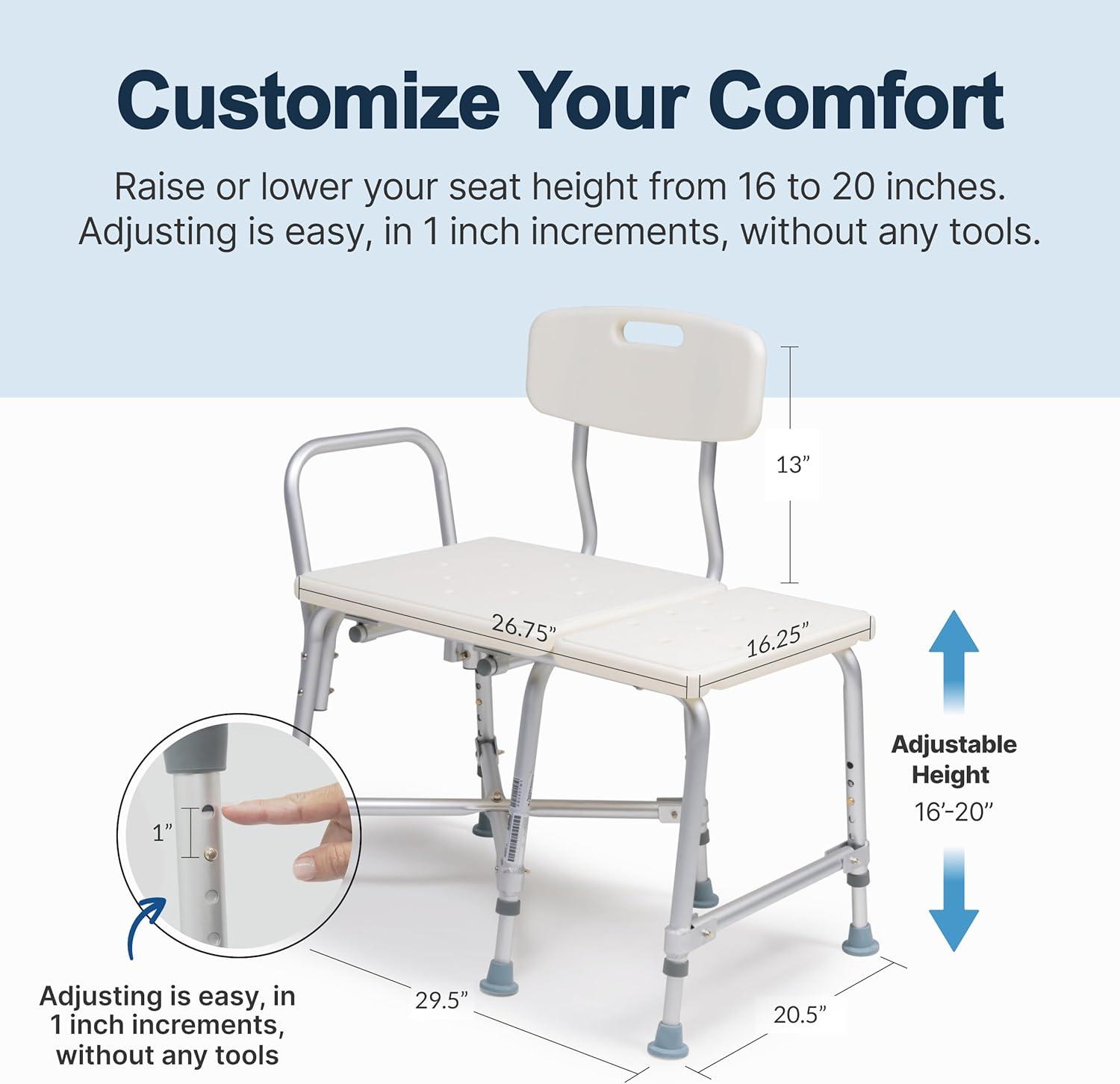 Graham Field 7925A-1 Lumex Reliable Plastic Bariatric Adjustable Transfer Shower Bench Seat with Drain Holes and Durable Backrest, White