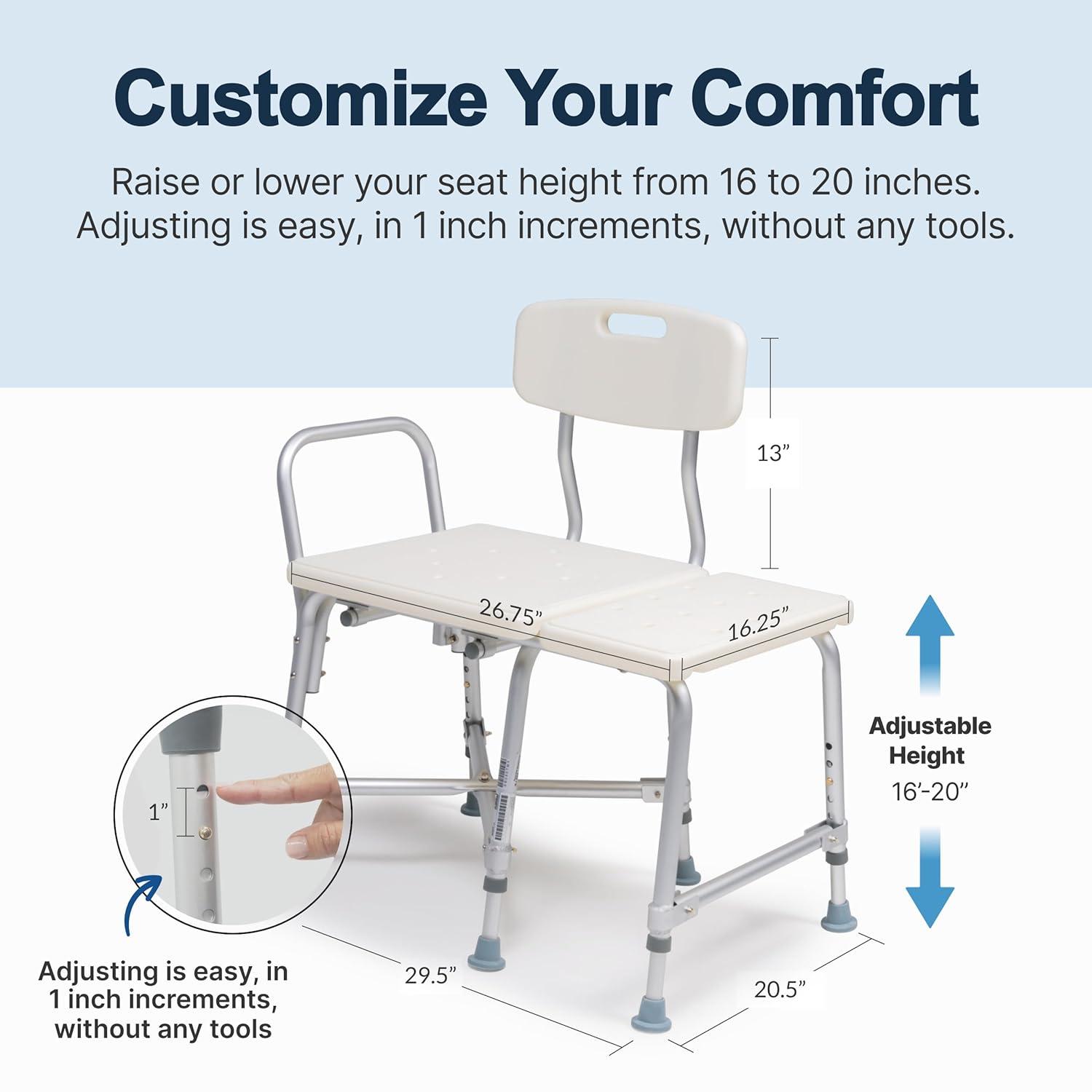 Graham Field 7925A-1 Lumex Reliable Plastic Bariatric Adjustable Transfer Shower Bench Seat with Drain Holes and Durable Backrest, White