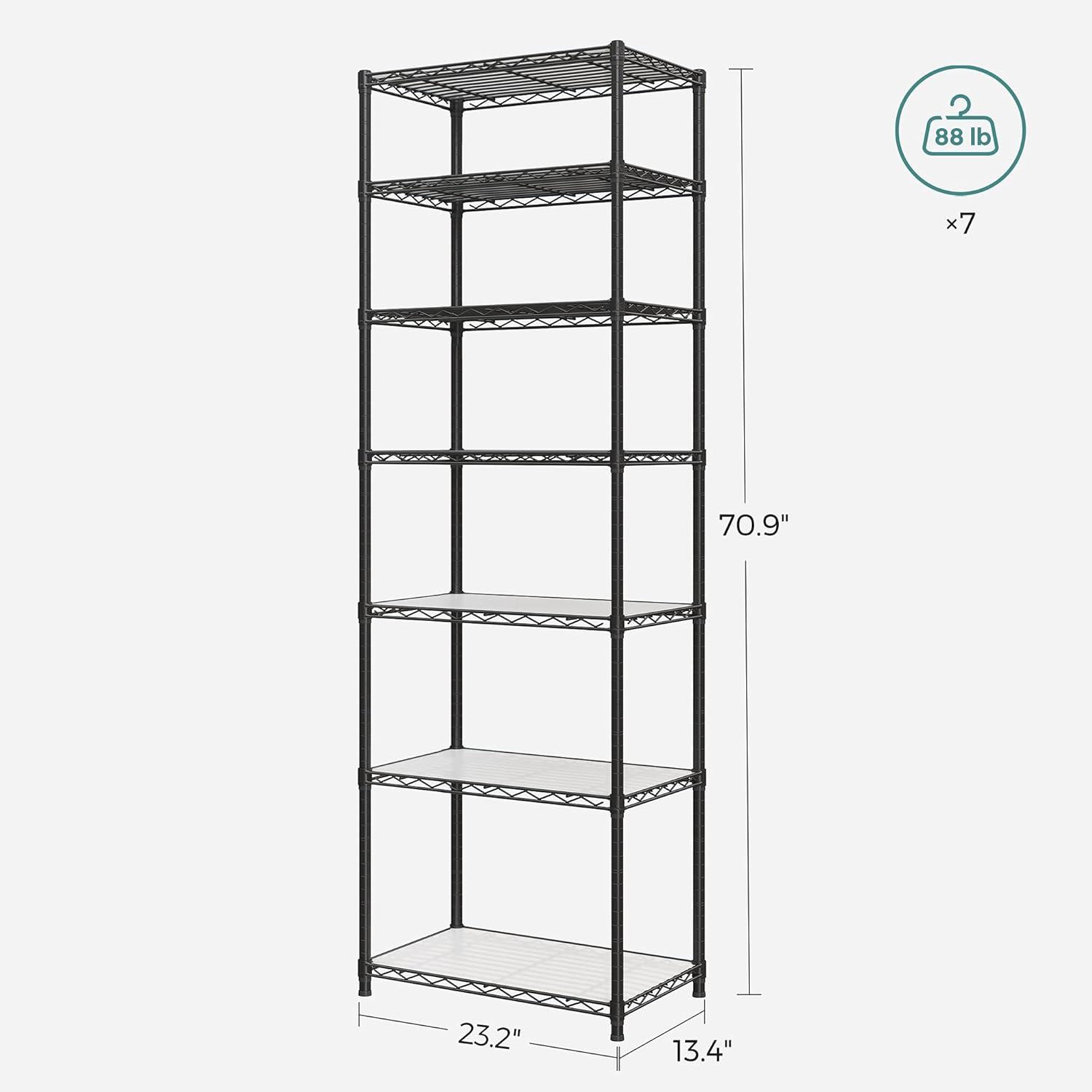 SONGMICS 7-Tier Metal Storage Shelves Wire Shelving Unit Garage Shelving Storage Rack Kitchen Living Room 8 Hooks Adjustable Shelves Total Max. Load 616 lb Black