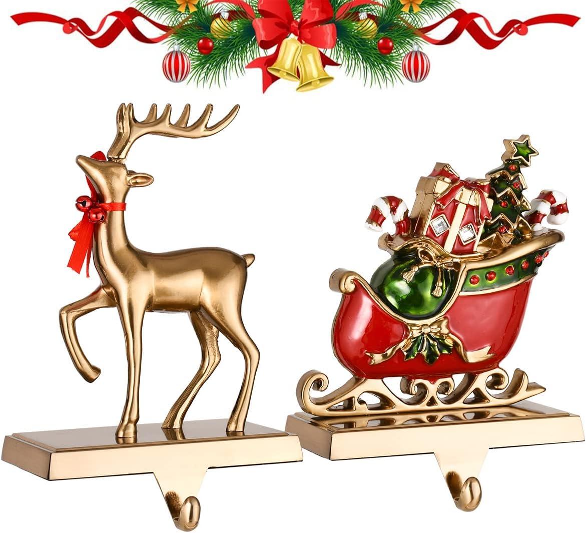 Antique Gold Reindeer and Santa Sleigh Stocking Holders Set