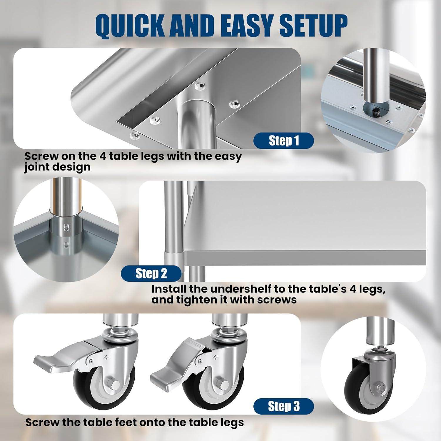Stainless Steel Table with Wheels 24 x 60 Inches Metal Prep Table with Adjustable Undershelf for Commercial Kitchen, Outdoor, Restaurant, Hotel & Garage