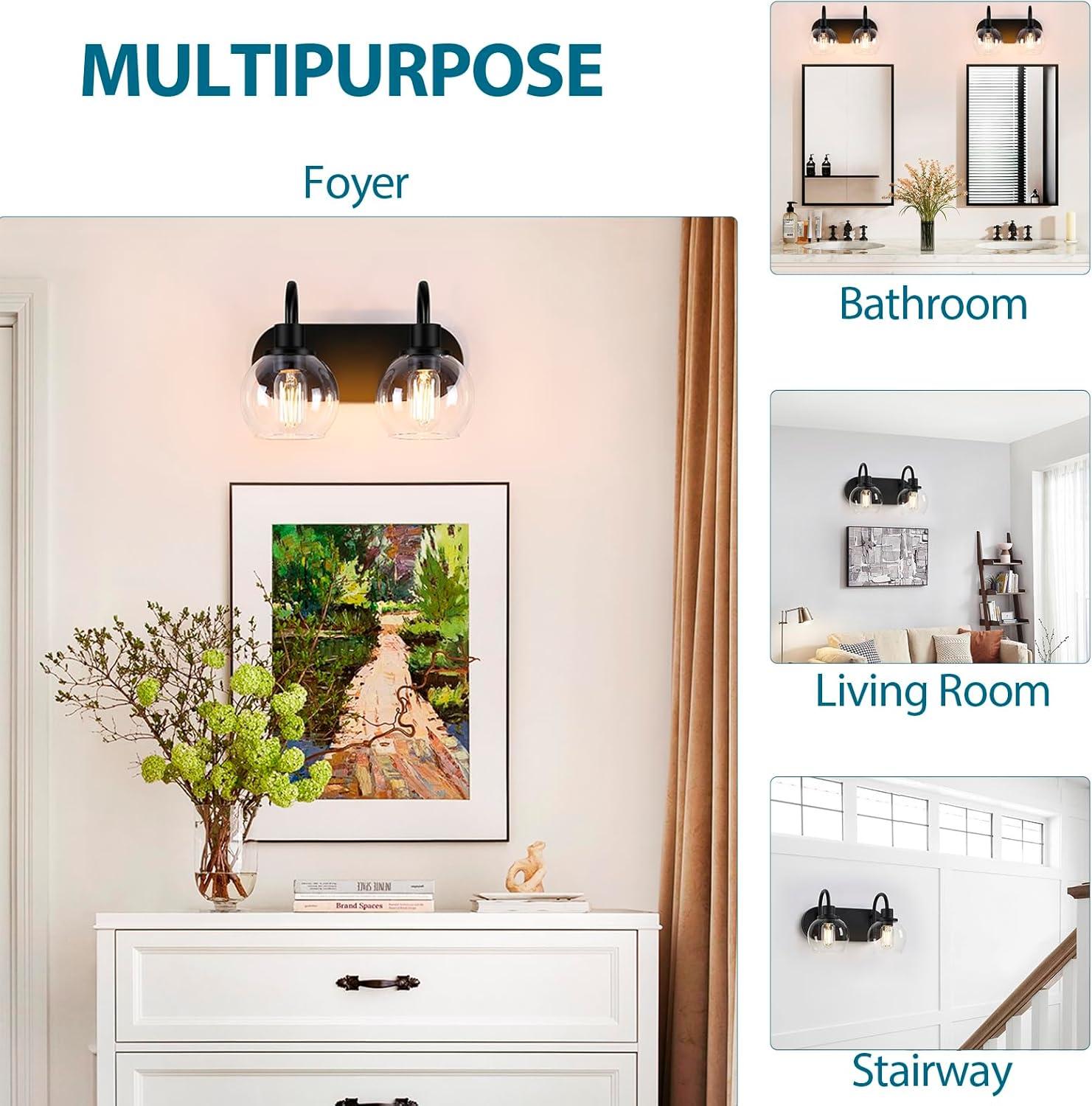 Modern 2-Light Vanity Light, Bathroom Lighting Fixture Over Mirror With Clear Glass Shade and Metal Base, Matte Black Wall Mounted for Bathroom