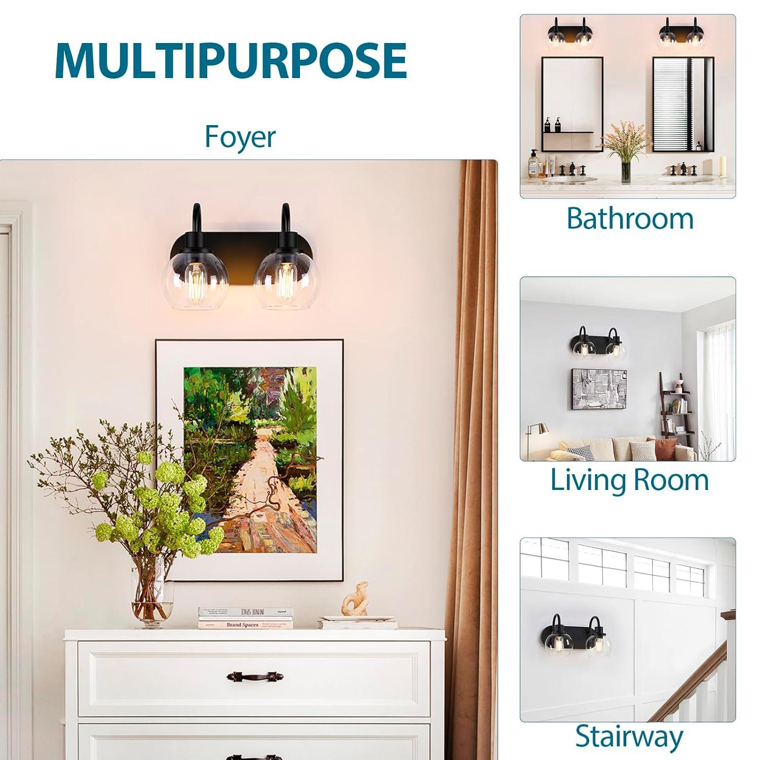 Modern 2-Light Vanity Light, Bathroom Lighting Fixture Over Mirror With Clear Glass Shade and Metal Base, Matte Black Wall Mounted for Bathroom