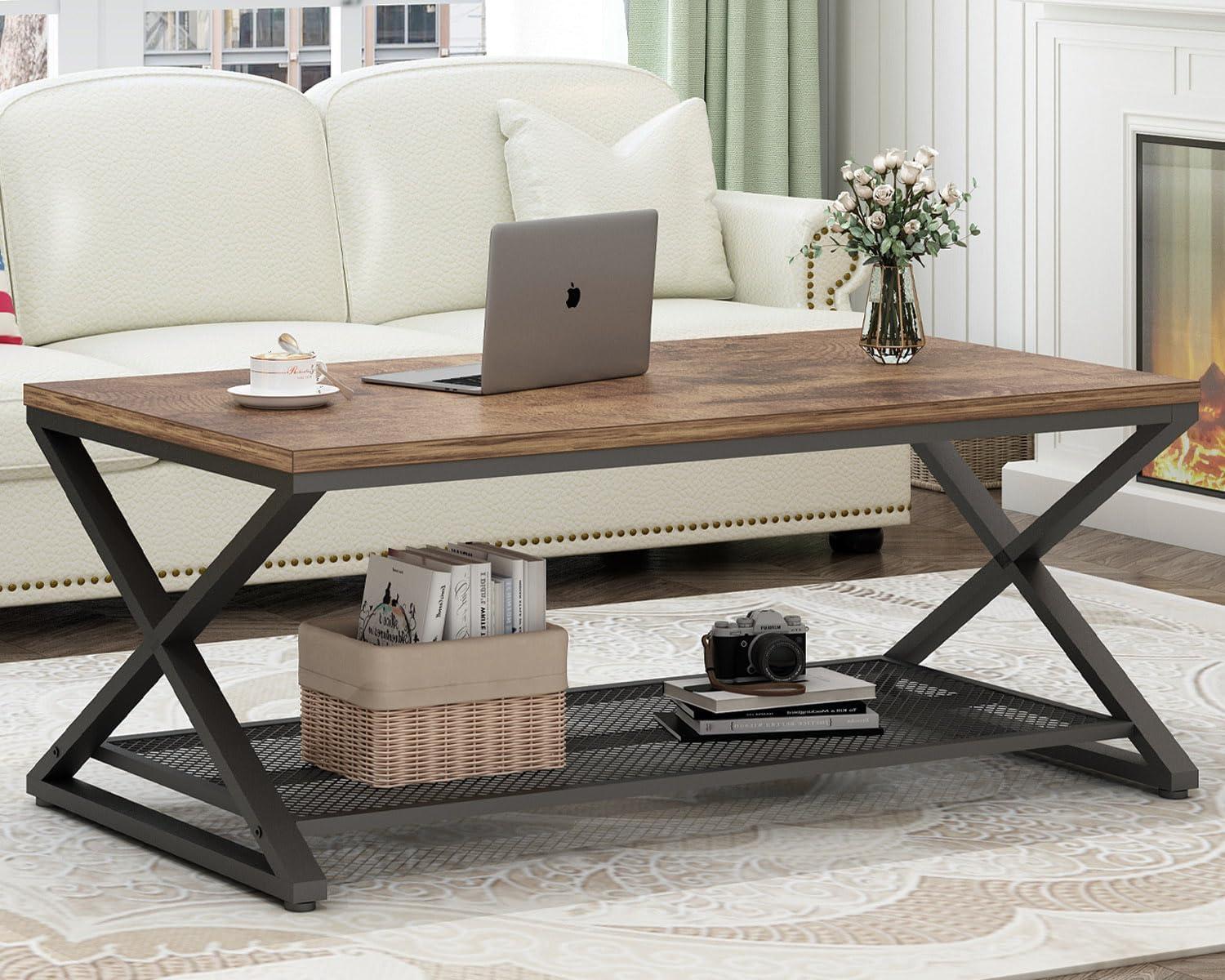 Rustic Brown Metal Frame Rectangular Coffee Table with Storage