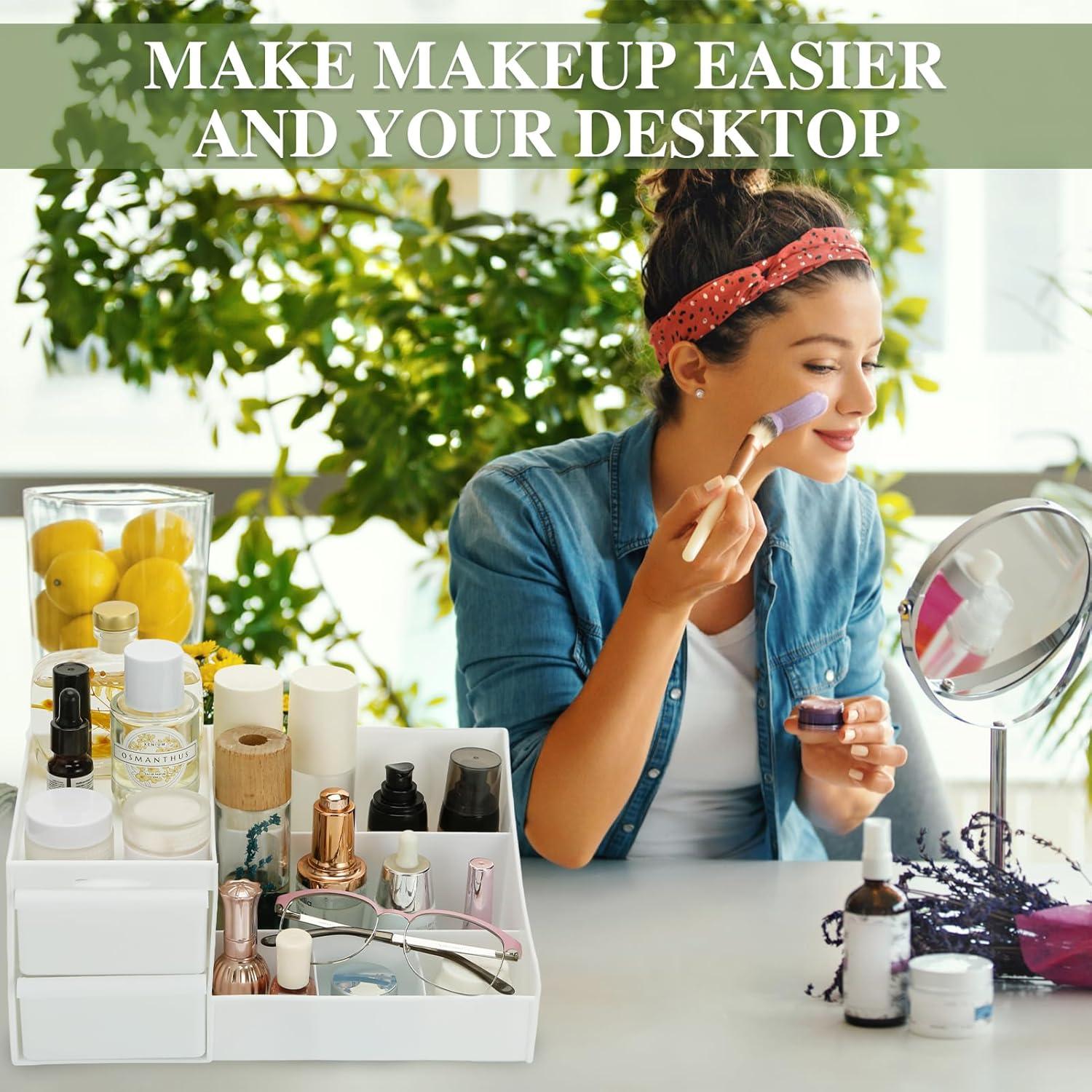 skin care organizer,Makeup Desk Organizer With Drawers,Countertop Organizer for Cosmetics,Vanity brush with Holder for Lipstick, Brushes, Eyeshadow, and Jewelry Desktop Finishing Dresser (White)