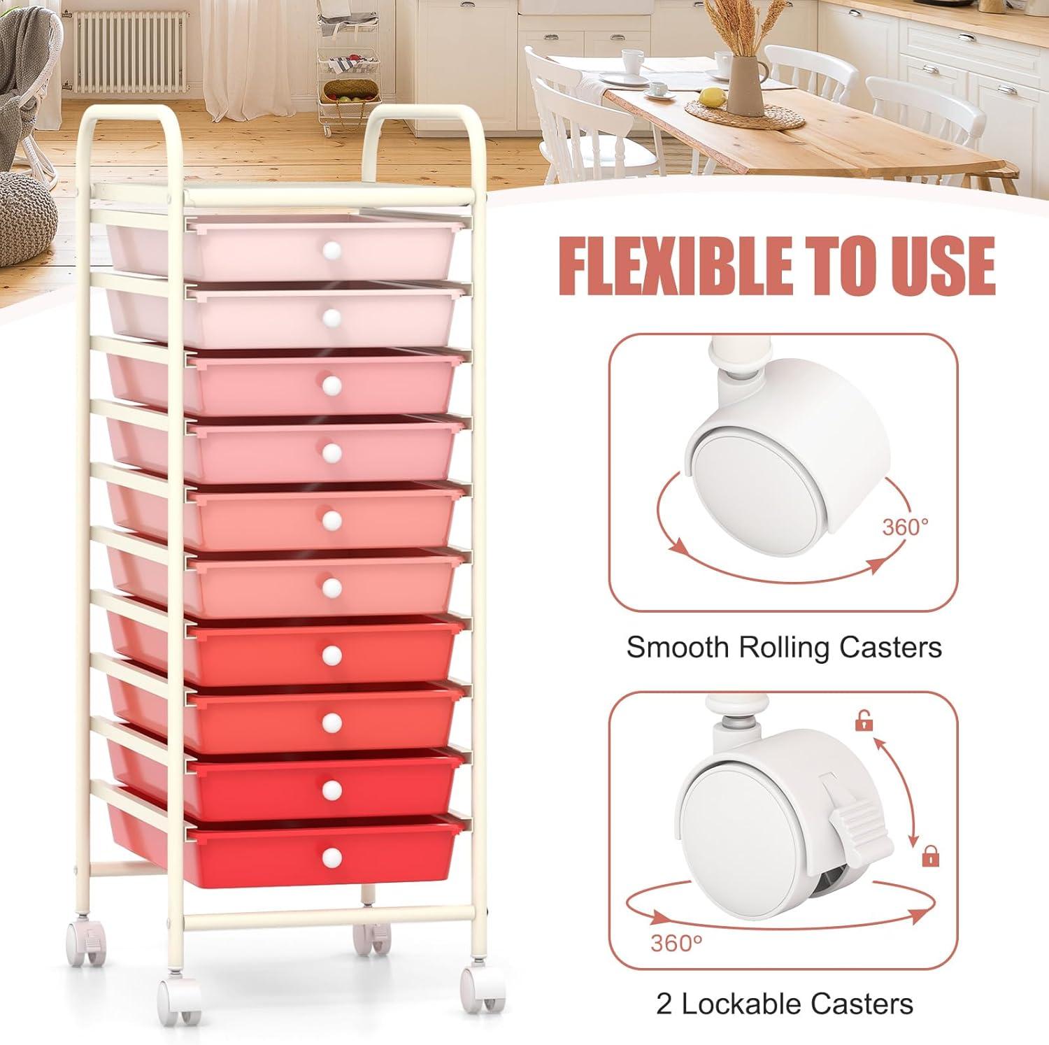 Giantex 10-Drawer Storage Cart w/Universal Wheel, Rolling Cart w/Handle, Home Organizer Storage Unit w/Removable Drawers, Trolley Utility Cart for Kitchen Makeup Living Room Office Play Room