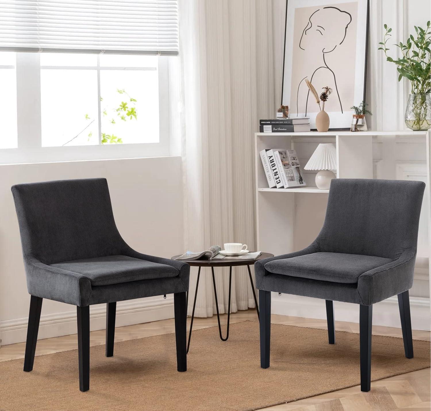 Dark Grey Corduroy Upholstered Side Chairs with Wood Legs, Set of 2