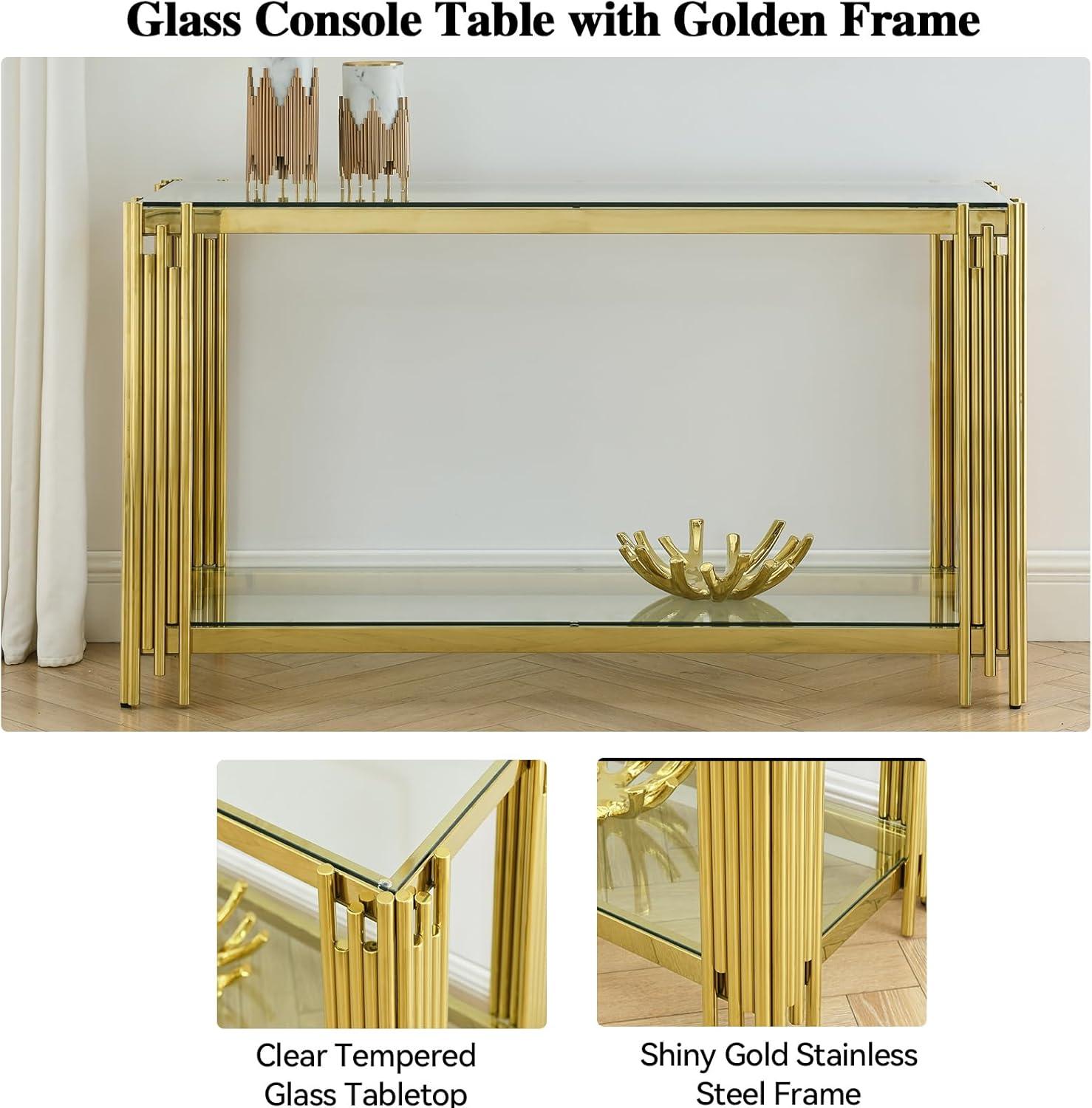 Modern Glass Console Table, 55" Gold Sofa Table with Sturdy Metal Frame and Clear Tempered Glass Top, for Living Room Entryway Bedroom, Gold Finish 00009