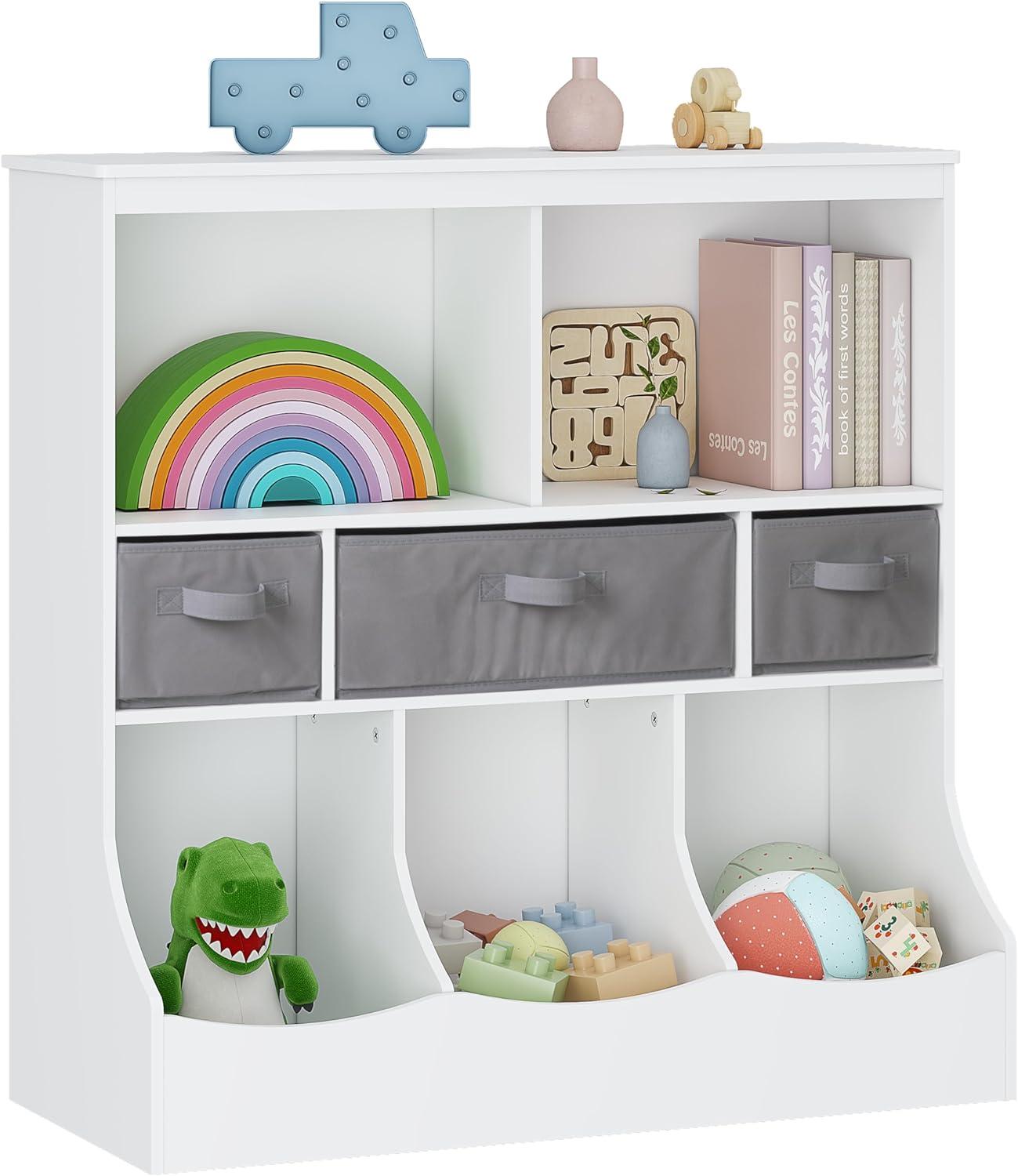 White Wood Kids Toy Storage Organizer with Cubes and Baskets