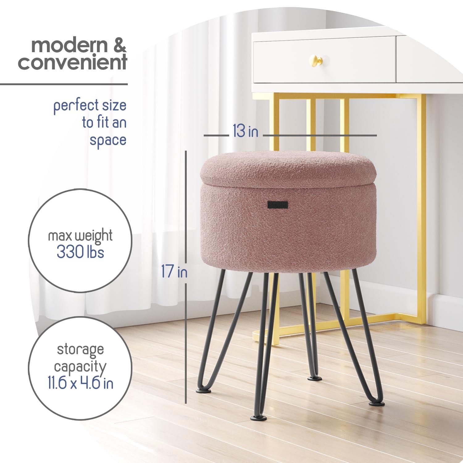 StorageBud Round Ottoman with Storage, Boucle Storage Ottoman, Modern Foot Stool Ottoman for Living Room and Bedroom, Pink/Black Legs