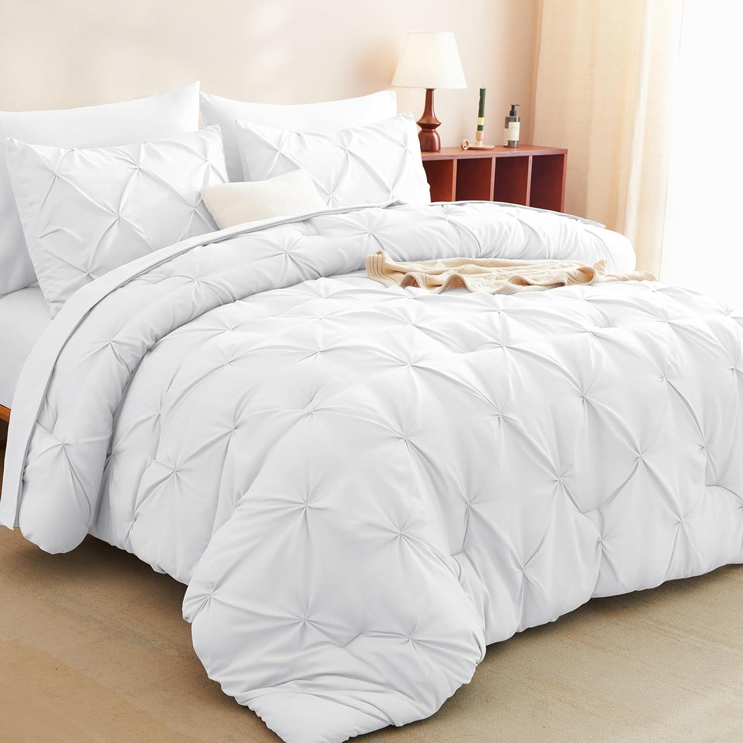 Cozy Comfort White King Comforter Set - 7 Pieces Pintuck Bed in A Bag, Bedding Sets with Comforters, Sheets, Pillowcases & Shams