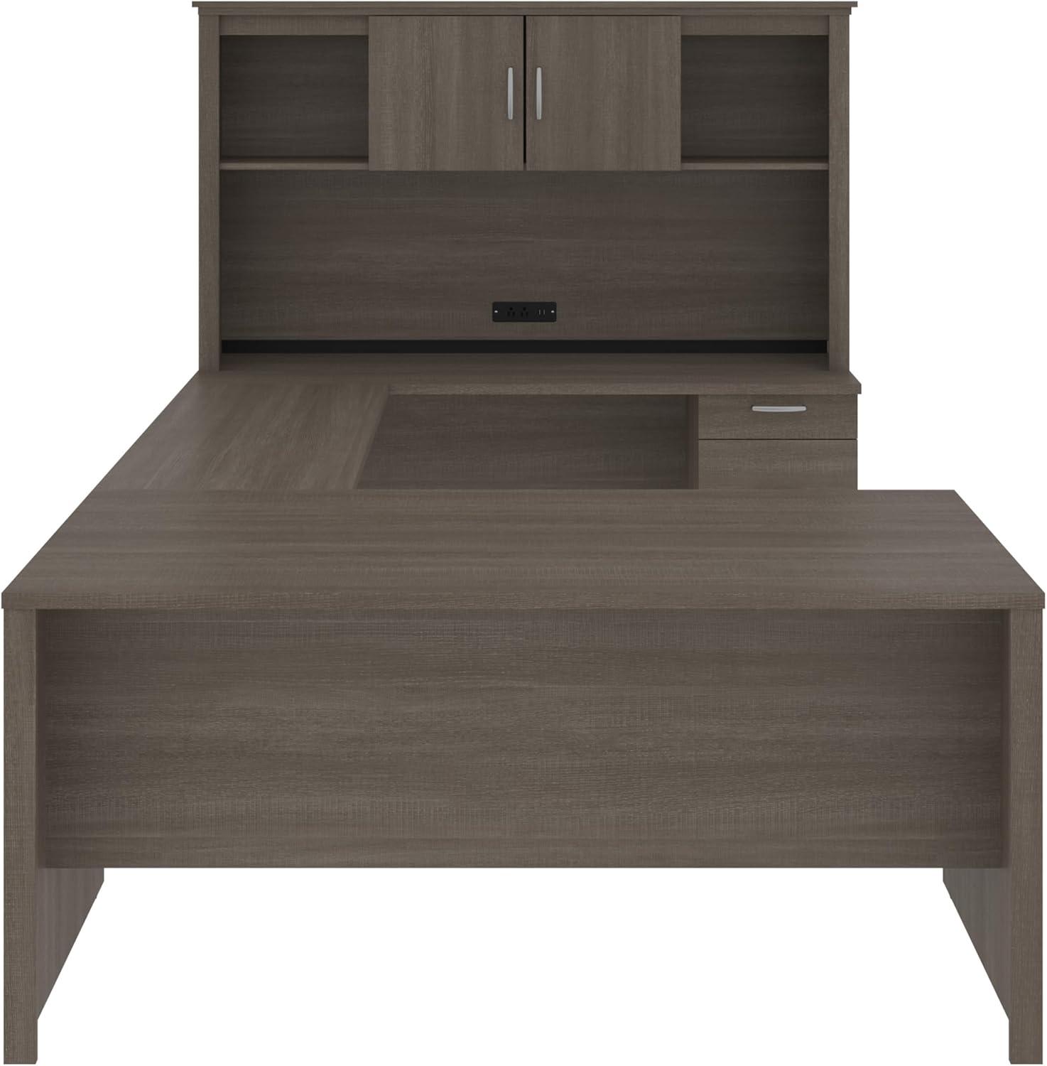 Bestar Logan 66W U or L-Shaped Executive Office Desk with Pedestal and Hutch in bark grey