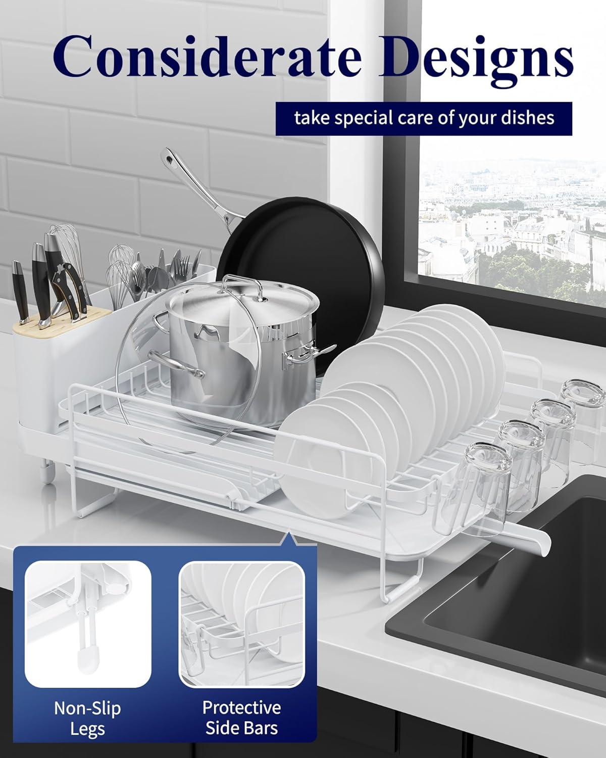 Large Dish Drying Rack - Extendable Dish Rack, Multifunctional Dish Rack for Kitchen Counter, Anti-Rust Drying Dish Rack with Cutlery & Cup Holders 19.2"-26.7" L x 12.9" W, Black