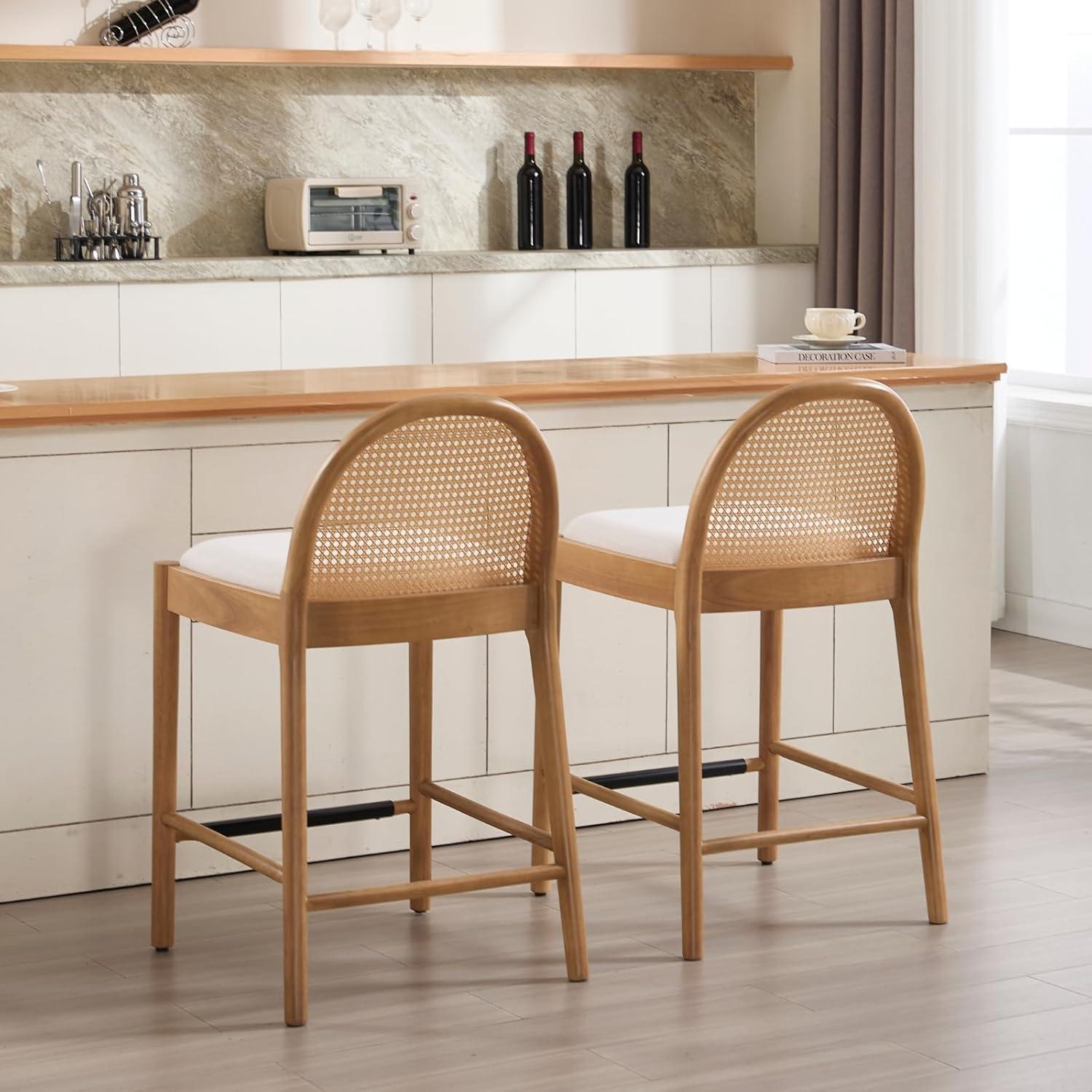 Bayou Breeze Emington Modern Stools with Rattan Backrests and Wood Frame (Set of 2)