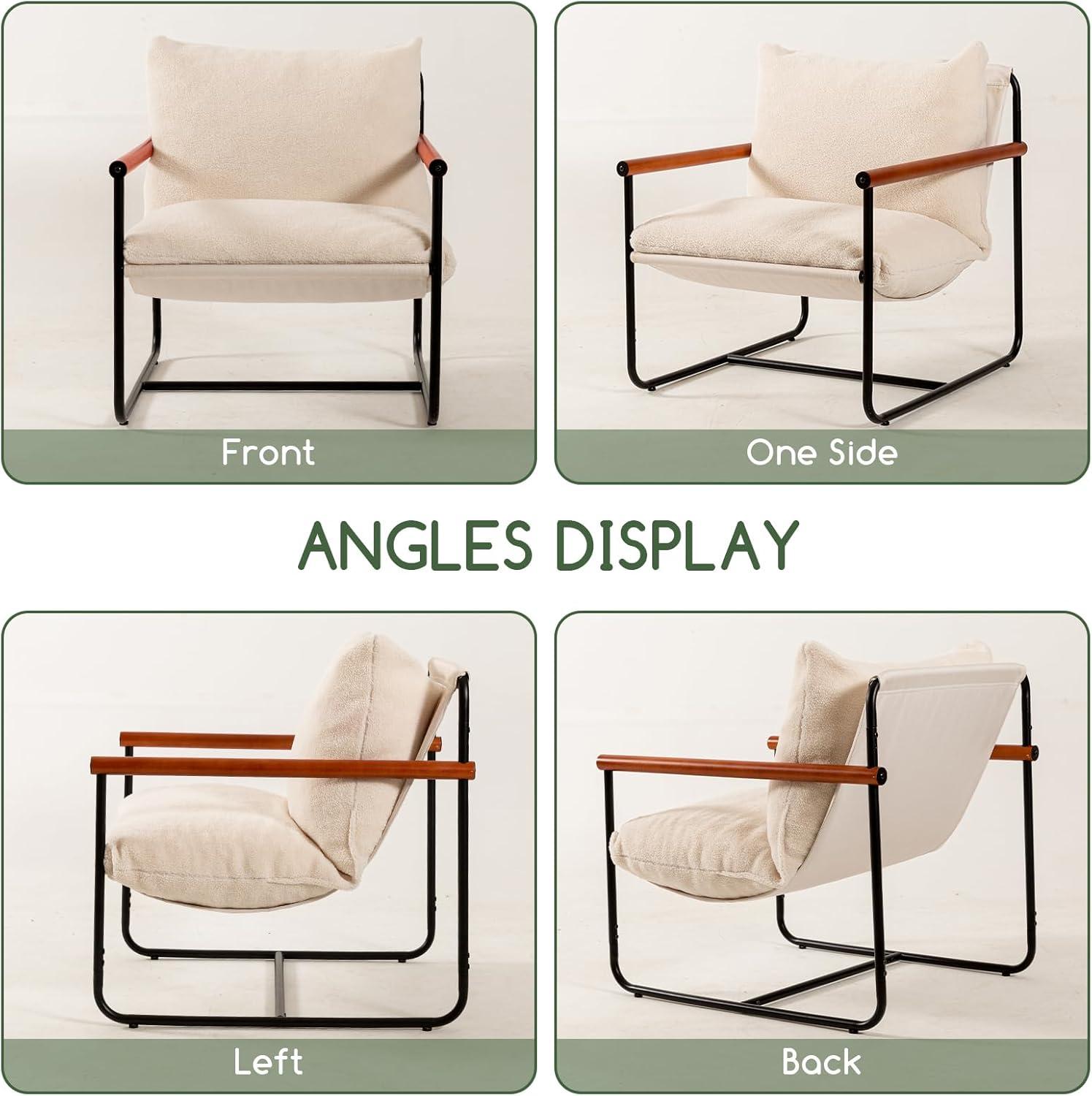 Beige Barrel Accent Chair with Metal Frame and Wood Armrests